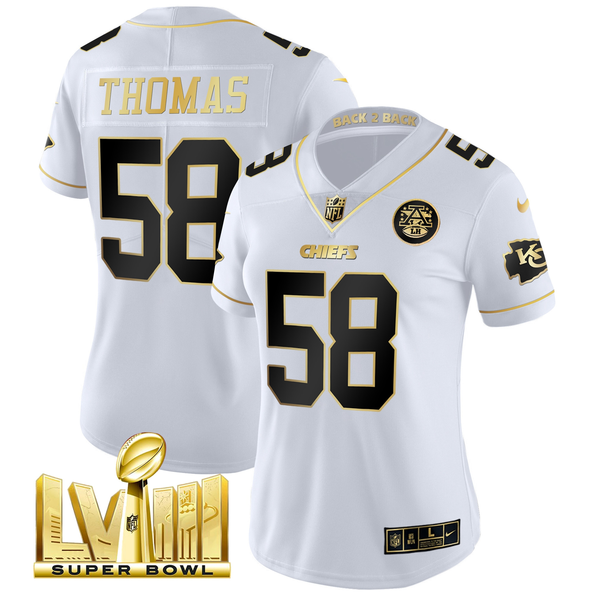 Derrick Thomas Women's Kansas City Chiefs Super Bowl LVIII & Back 2 Back Patch Vapor White Gold Jersey - All Stitched