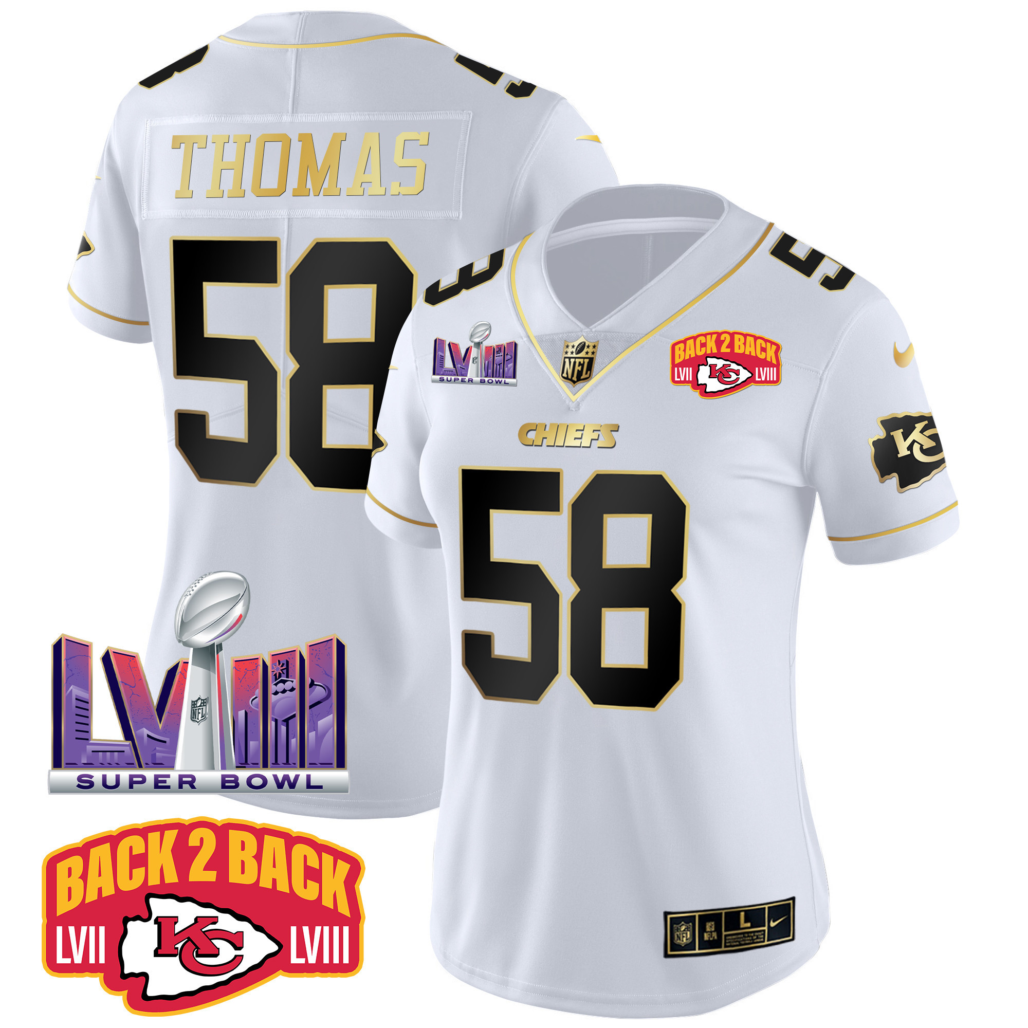 Derrick Thomas Women's Kansas City Chiefs Super Bowl LVIII & Back 2 Back Patch Vapor White Gold Jersey - All Stitched