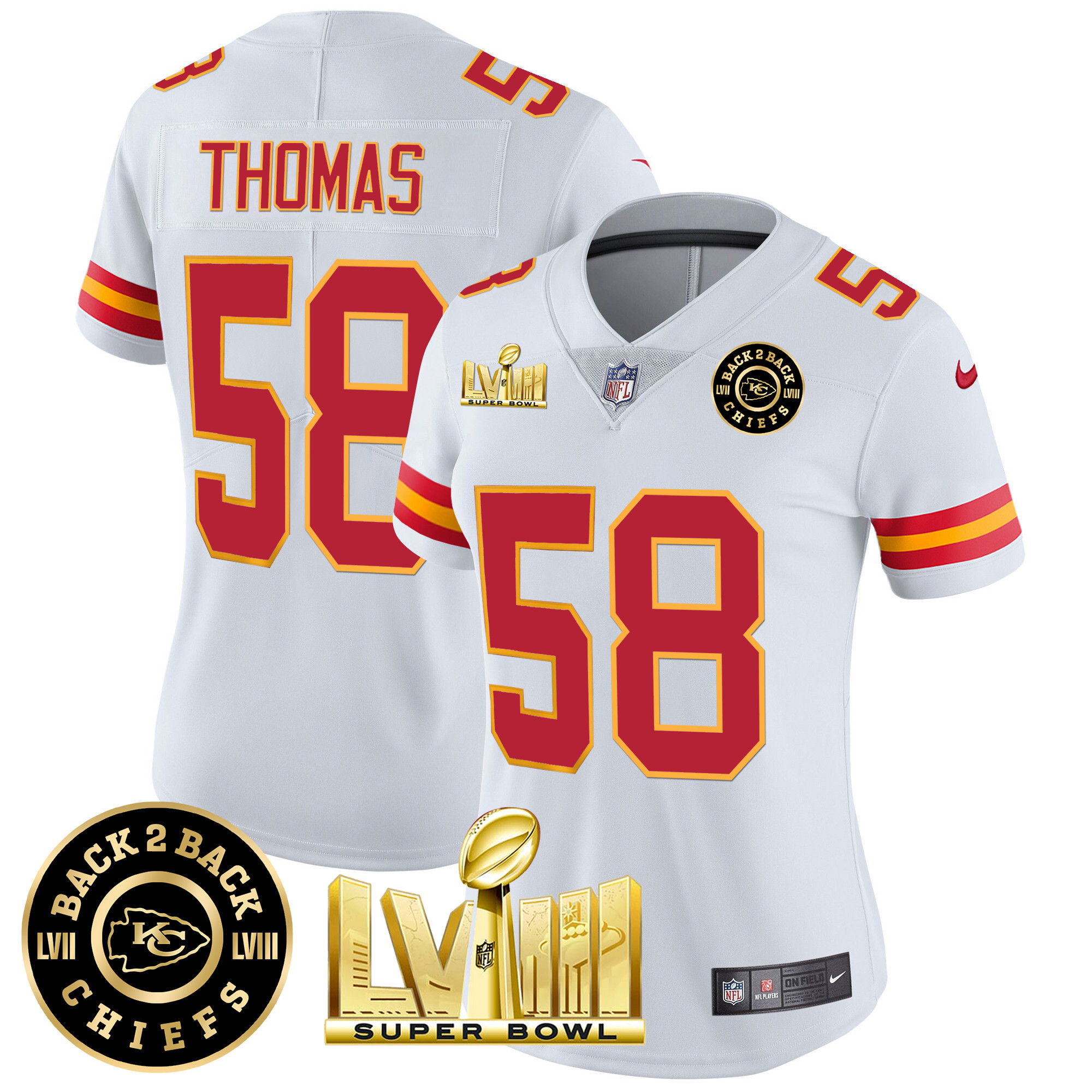 Derrick Thomas Women's Kansas City Chiefs Super Bowl LVIII & Back 2 Back Patch Vapor White Jersey - All Stitched