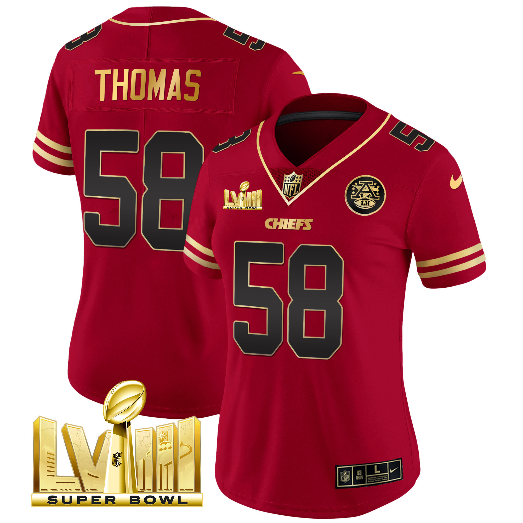 Derrick Thomas Women's Kansas City Chiefs Super Bowl LVIII Gold Patch Vapor Black Red Jersey - All Stitched