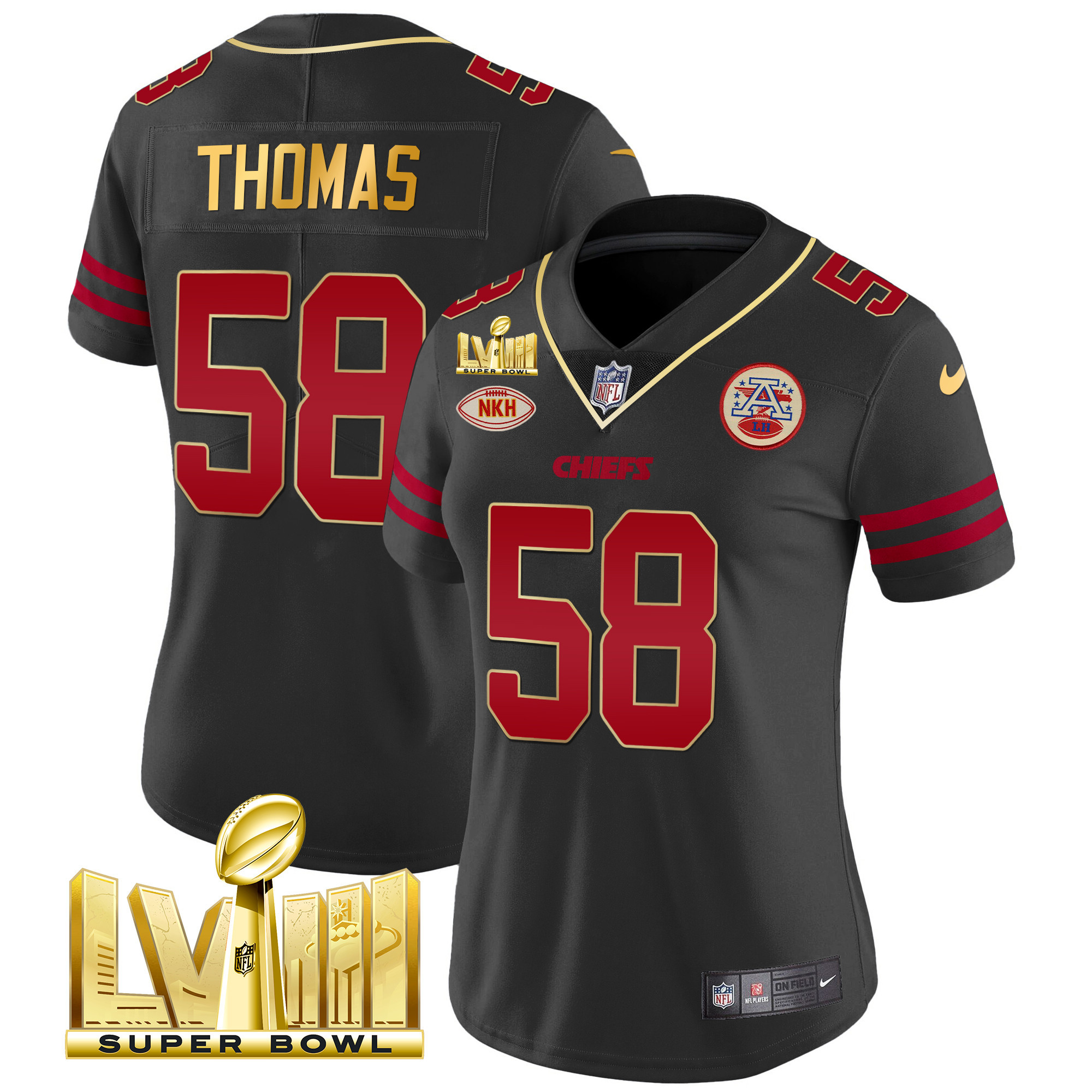 Derrick Thomas Women's Kansas City Chiefs Super Bowl LVIII Gold Patch Vapor Gold Trim Jersey - All Stitched