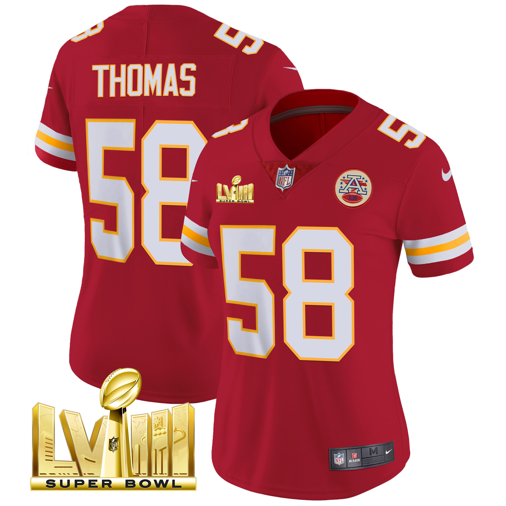 Derrick Thomas Women's Kansas City Chiefs Super Bowl LVIII Gold Patch Vapor Red Jersey - All Stitched