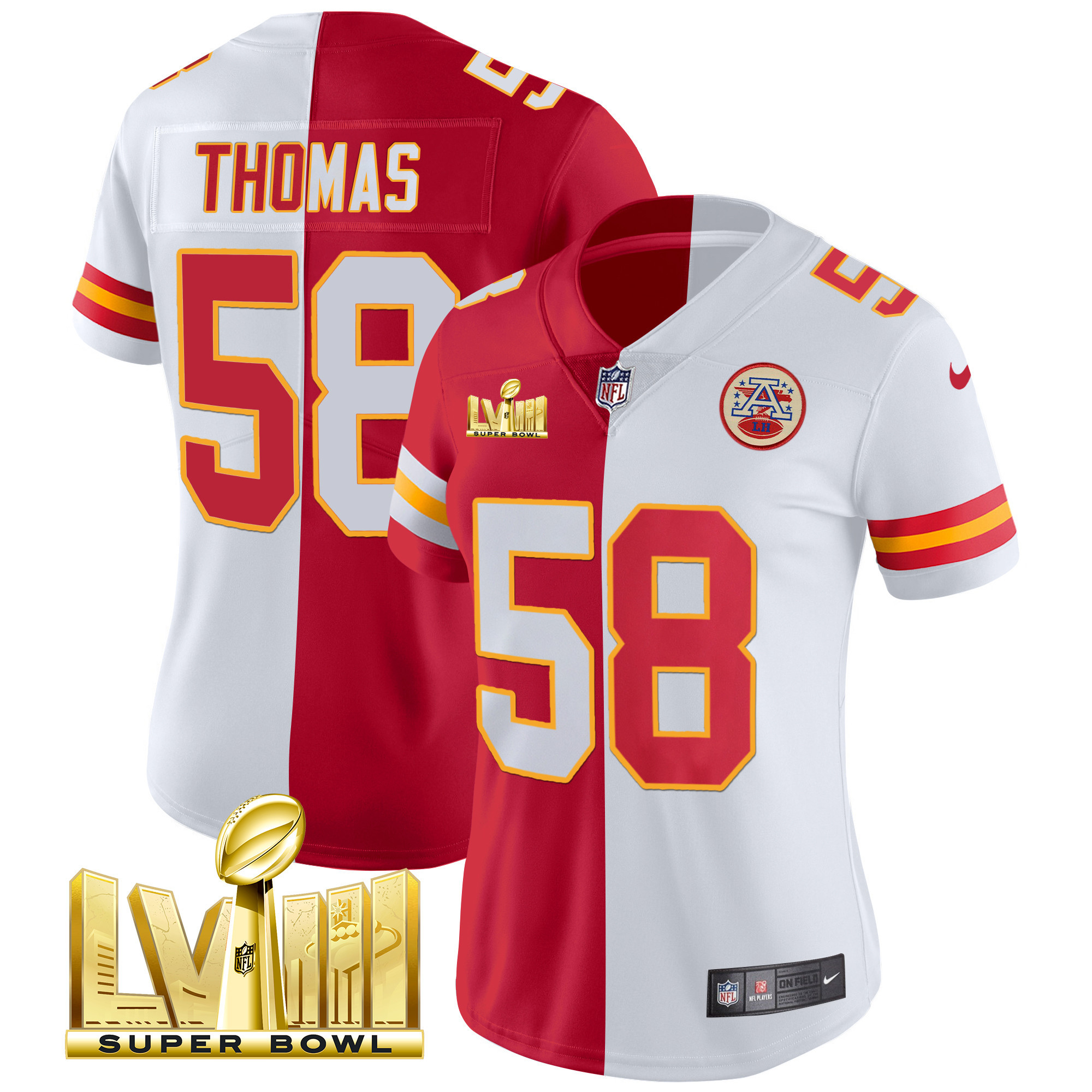 Derrick Thomas Women's Kansas City Chiefs Super Bowl LVIII Gold Patch Vapor Split Jersey - All Stitched