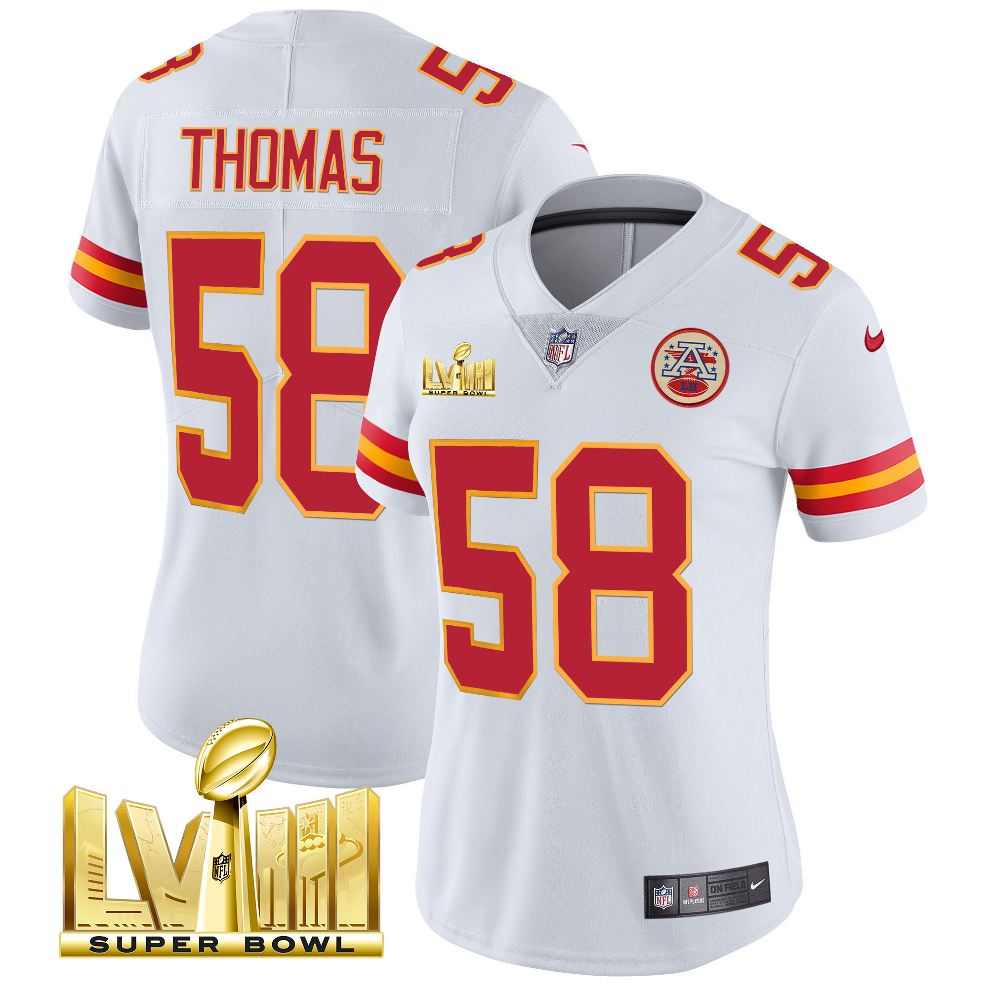 Derrick Thomas Women's Kansas City Chiefs Super Bowl LVIII Gold Patch Vapor White Jersey - All Stitched