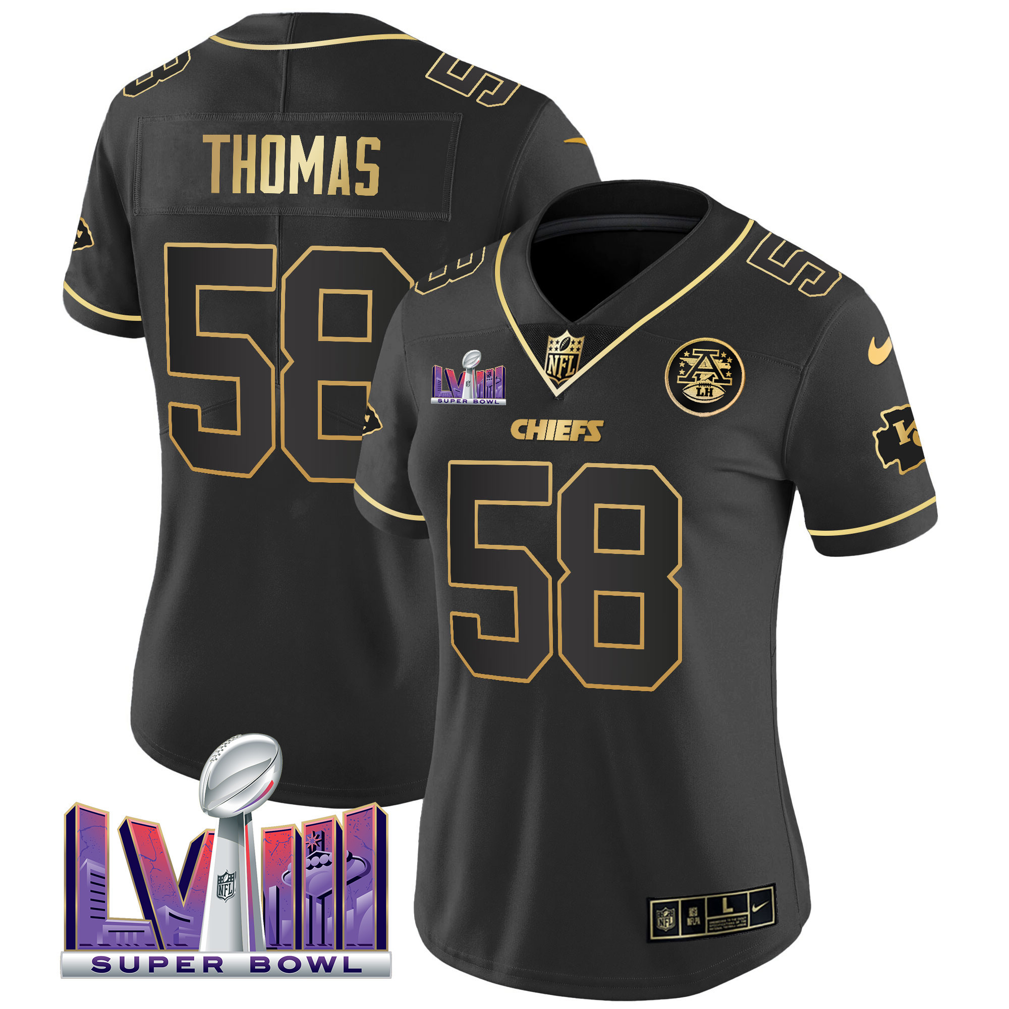 Derrick Thomas Women's Kansas City Chiefs Super Bowl LVIII Patch Vapor Black Gold Jersey - All Stitched