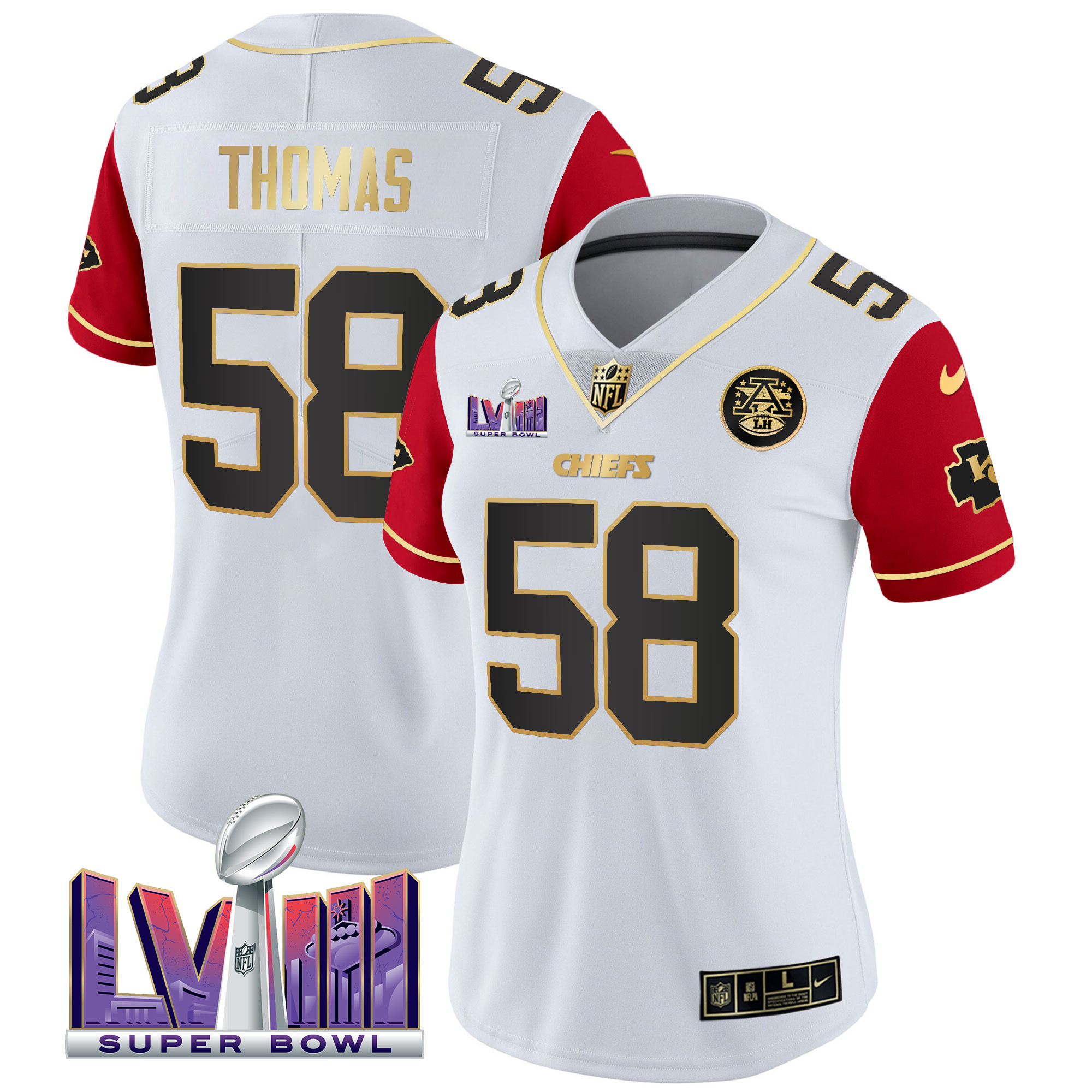 Derrick Thomas Women's Kansas City Chiefs Super Bowl LVIII Patch Vapor Color Sleeves Jersey - All Stitched