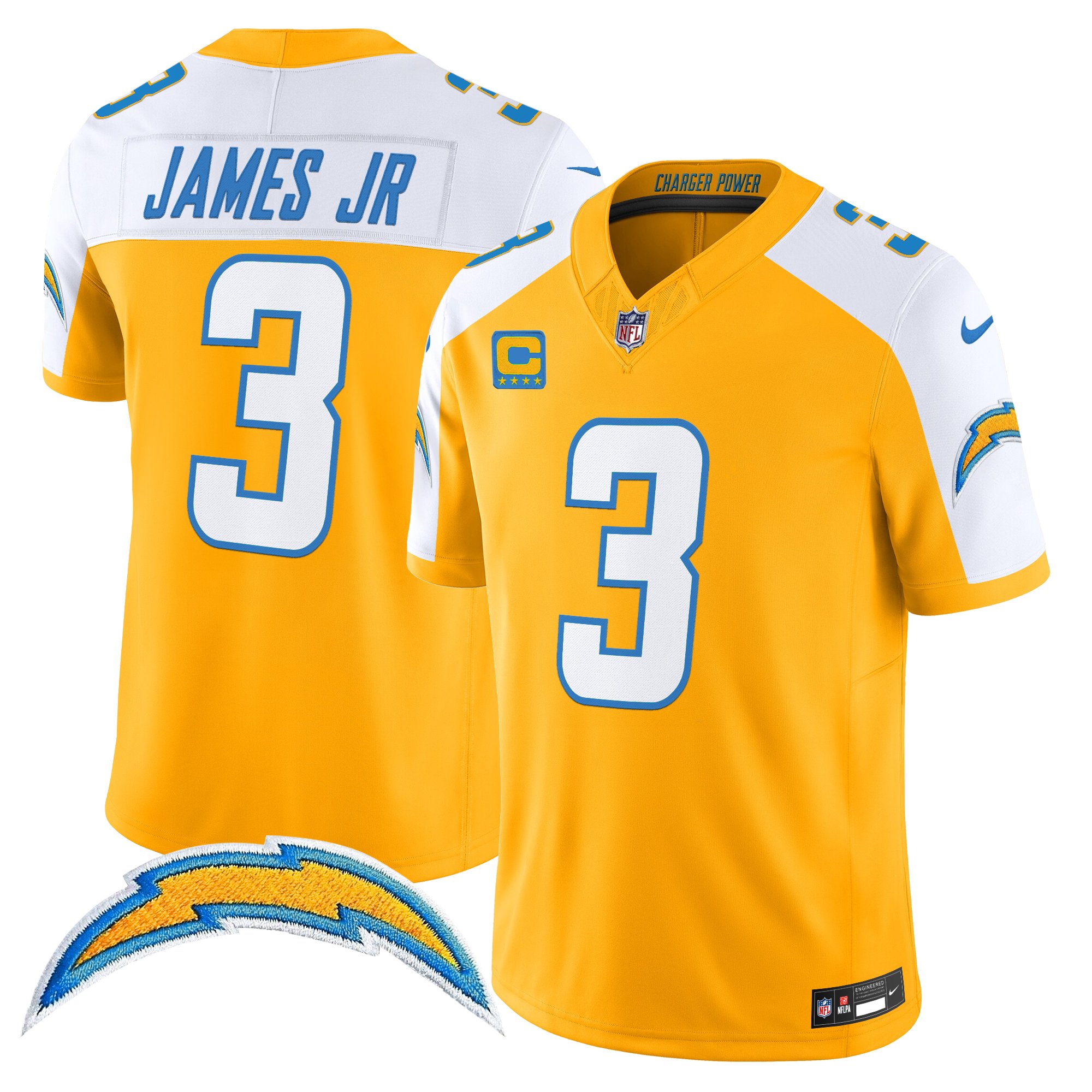 Derwin James Jr. Men's Los Angeles Chargers 2025 Alternate Charger Power Vapor Limited Gold Alternate Jersey - All Stitched