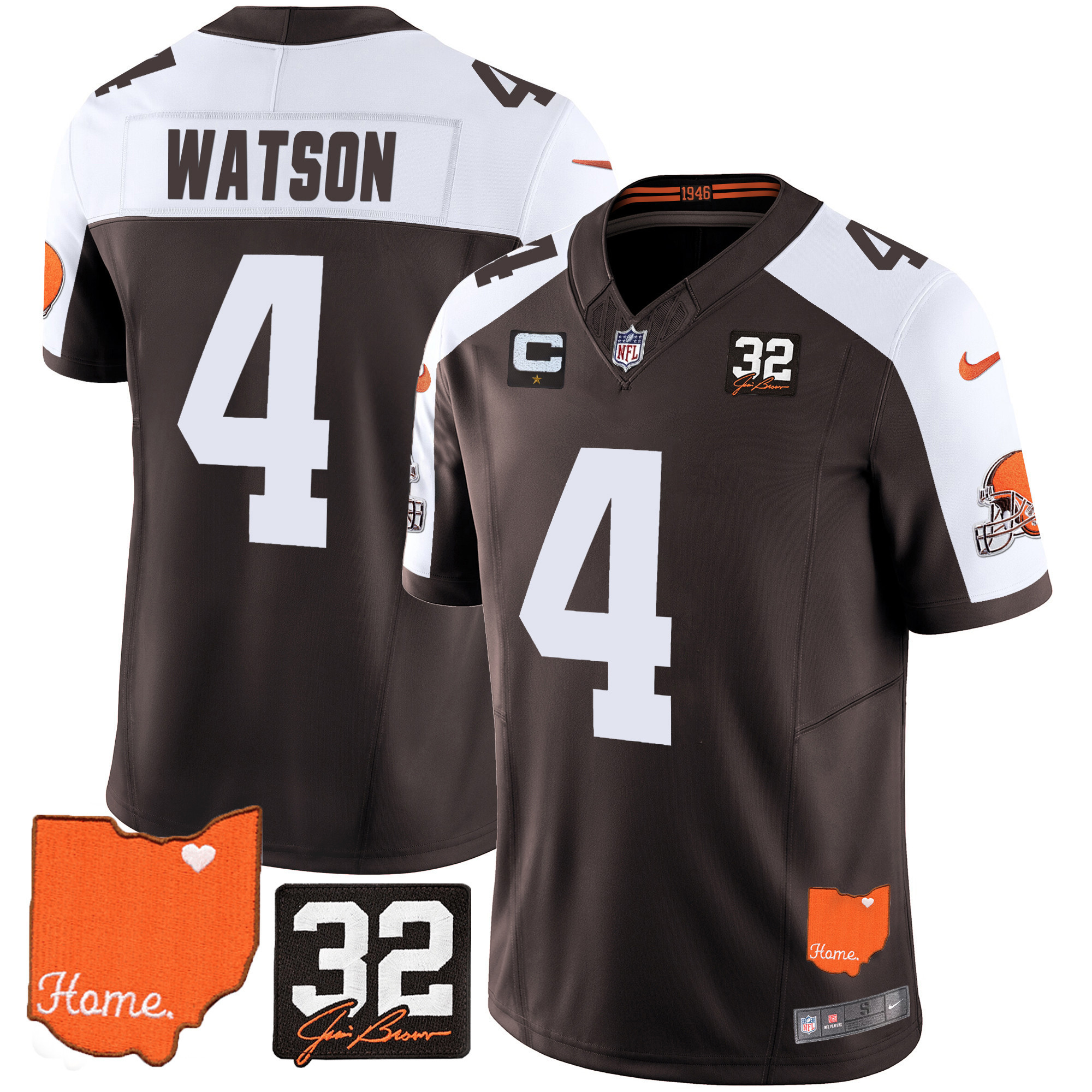 Deshaun Watson Men's Cleveland Browns #32 Jim Brown Memorial & Home Patch Alternate Jersey - All Stitched