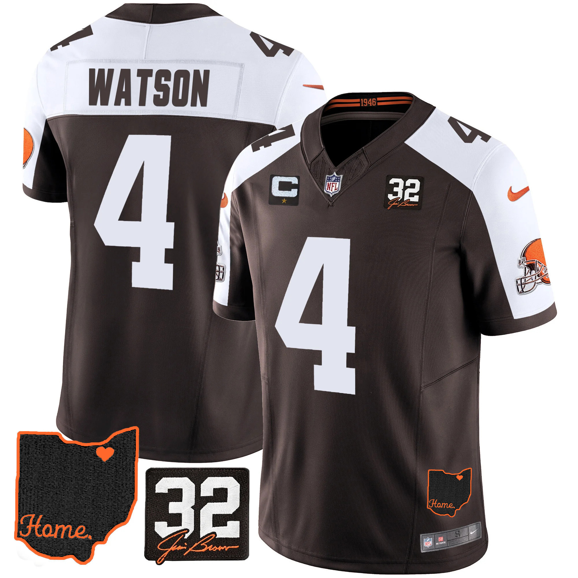 Deshaun Watson Men's Cleveland Browns #32 Jim Brown Memorial & Home Patch Alternate Jersey - All Stitched