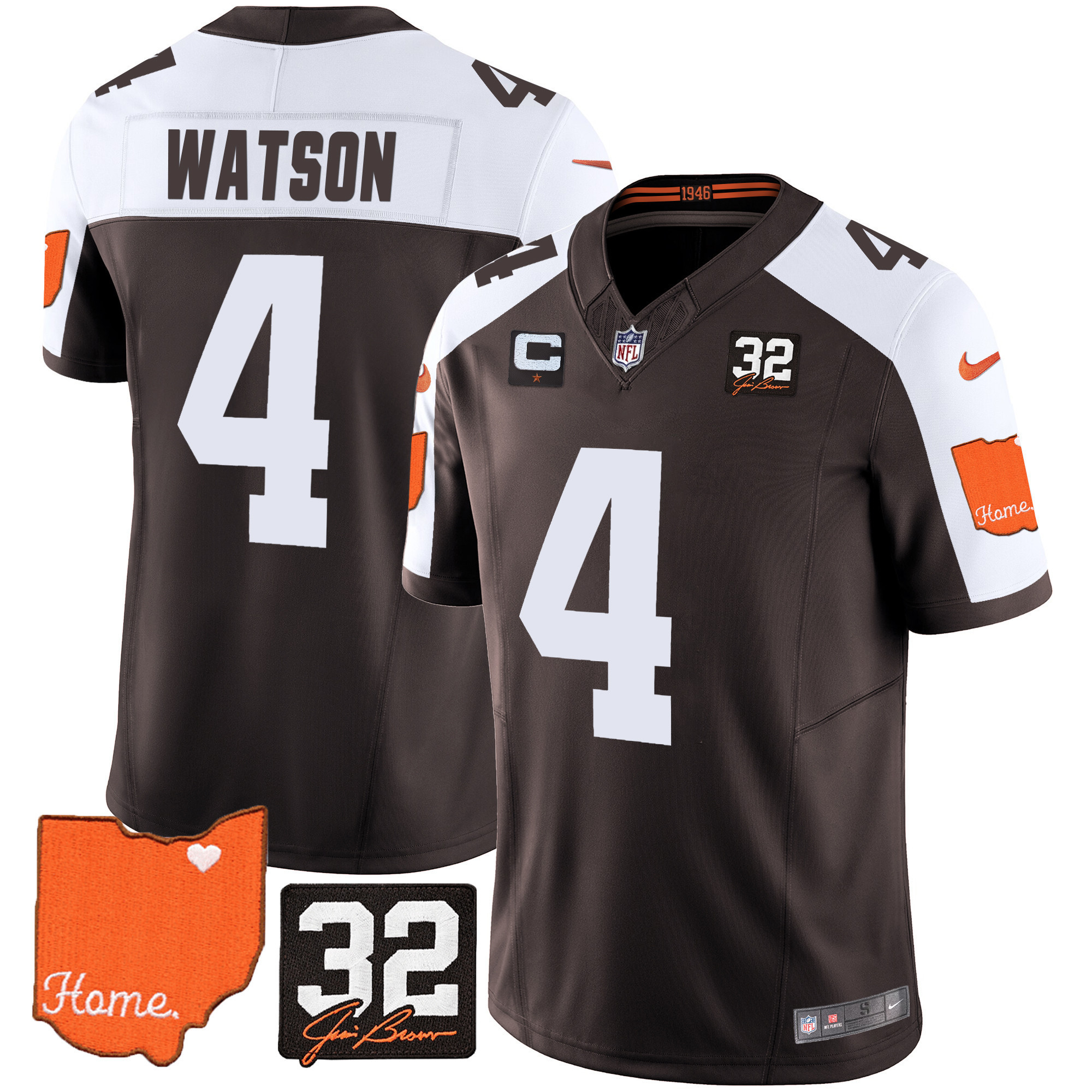 Deshaun Watson Men's Cleveland Browns #32 Jim Brown Memorial & Home Patch Alternate Jersey - All Stitched