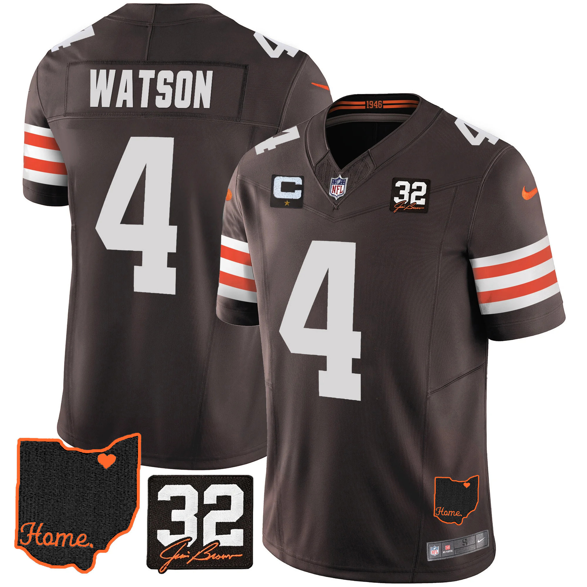 Deshaun Watson Men's Cleveland Browns #32 Jim Brown Memorial & Home Patch Brown Jersey - All Stitched