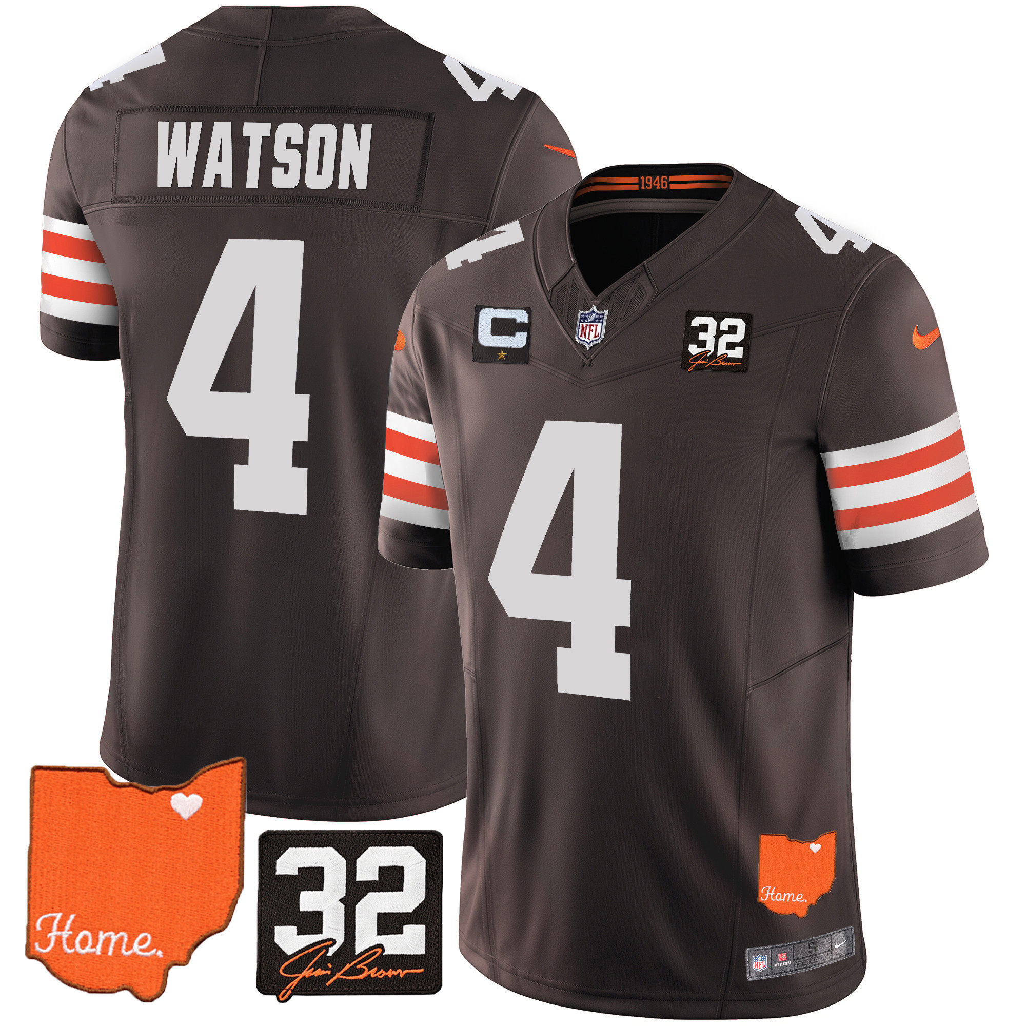Deshaun Watson Men's Cleveland Browns #32 Jim Brown Memorial & Home Patch Brown Jersey - All Stitched