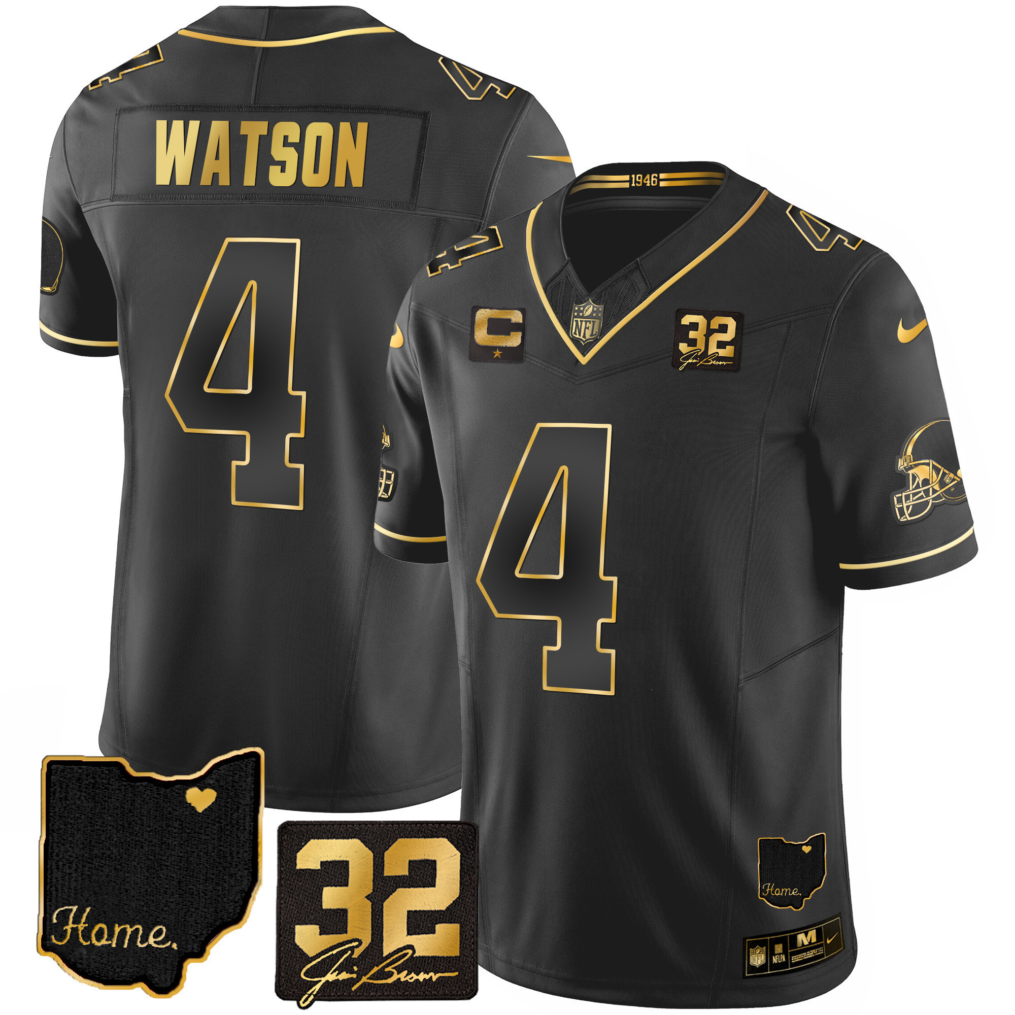 Deshaun Watson Men's Cleveland Browns #32 Jim Brown Memorial & Home Patch Gold Black Gold Jersey - All Stitched