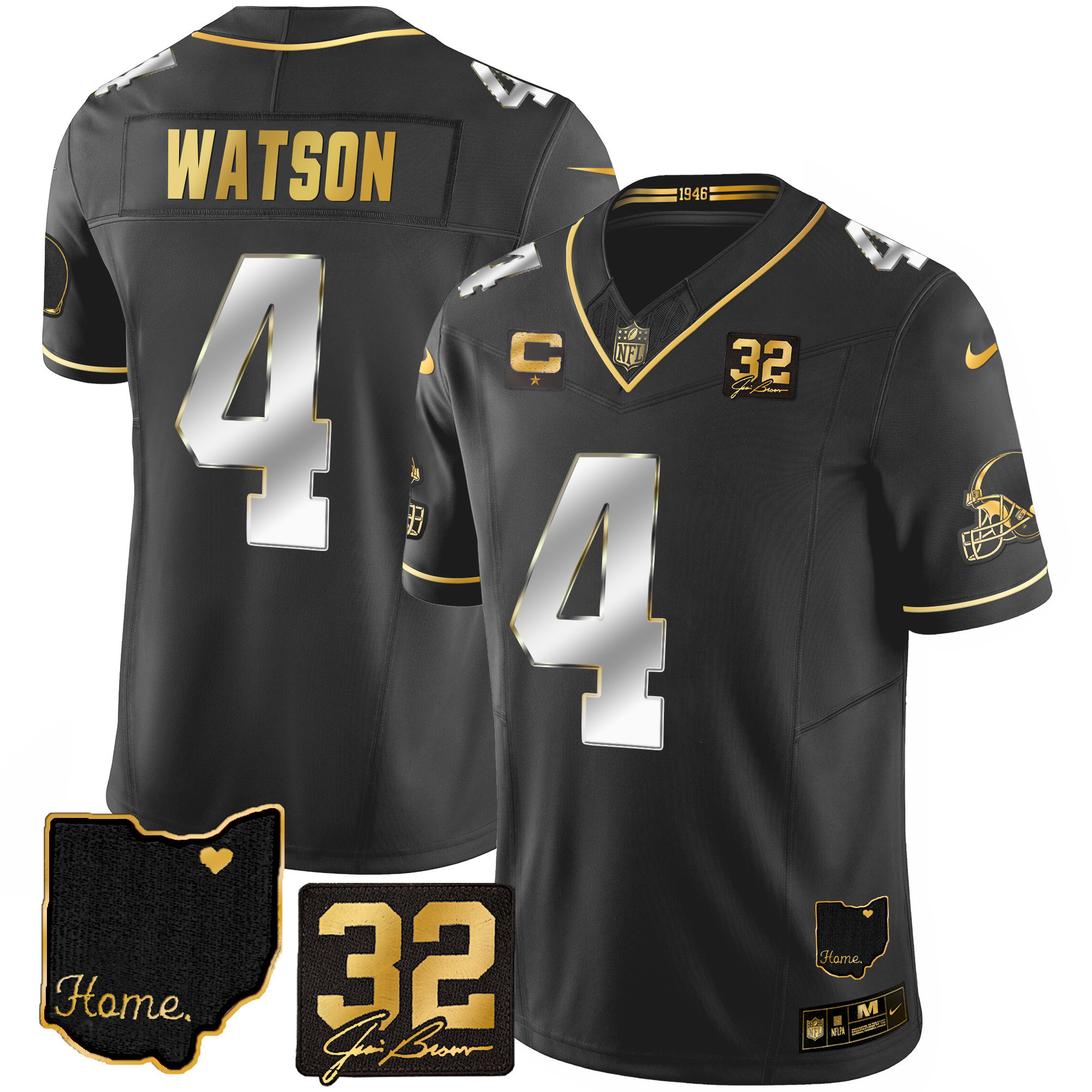 Deshaun Watson Men's Cleveland Browns #32 Jim Brown Memorial & Home Patch Gold Black Limited Jersey - All Stitched