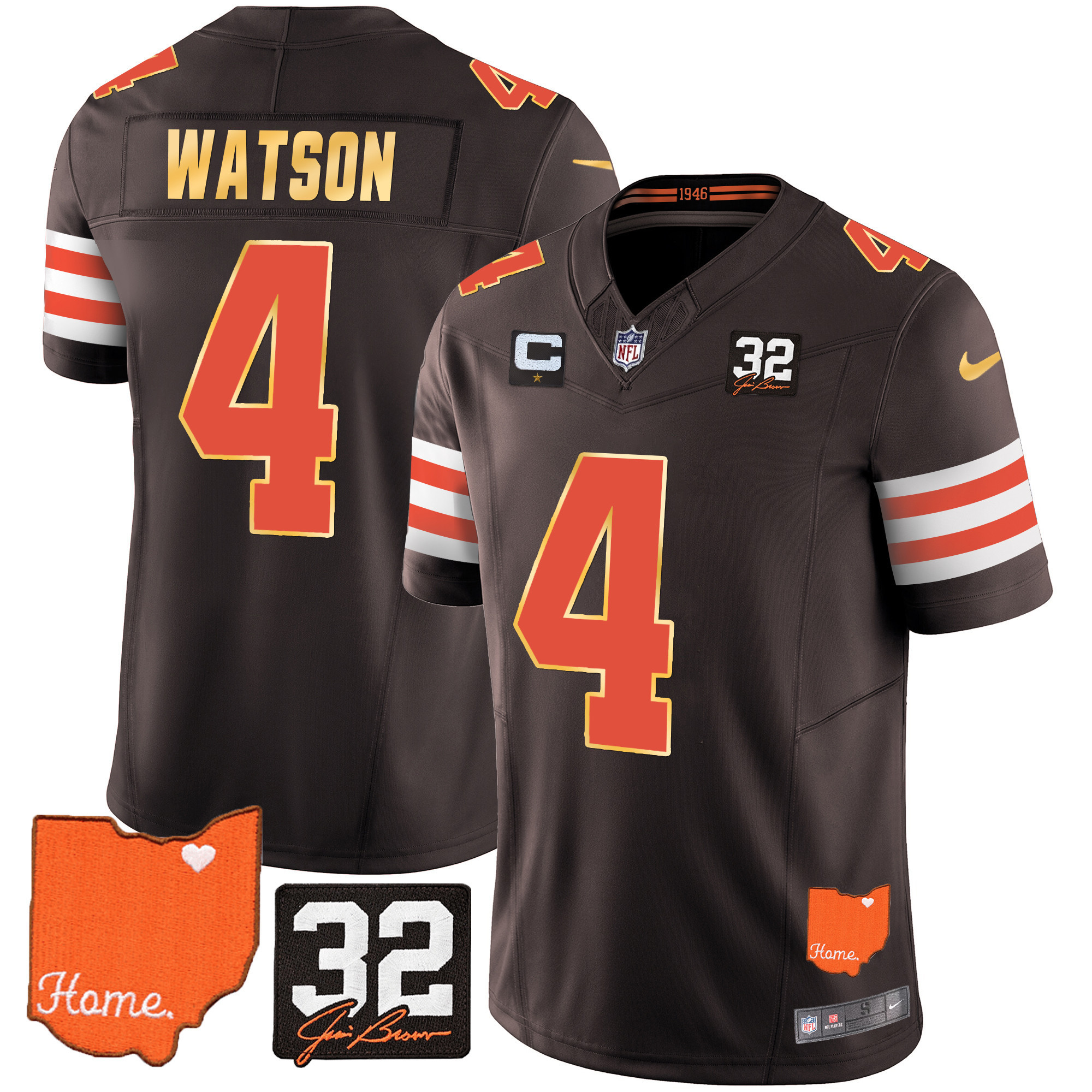 Deshaun Watson Men's Cleveland Browns #32 Jim Brown Memorial & Home Patch Gold Trim Brown Jersey - All Stitched