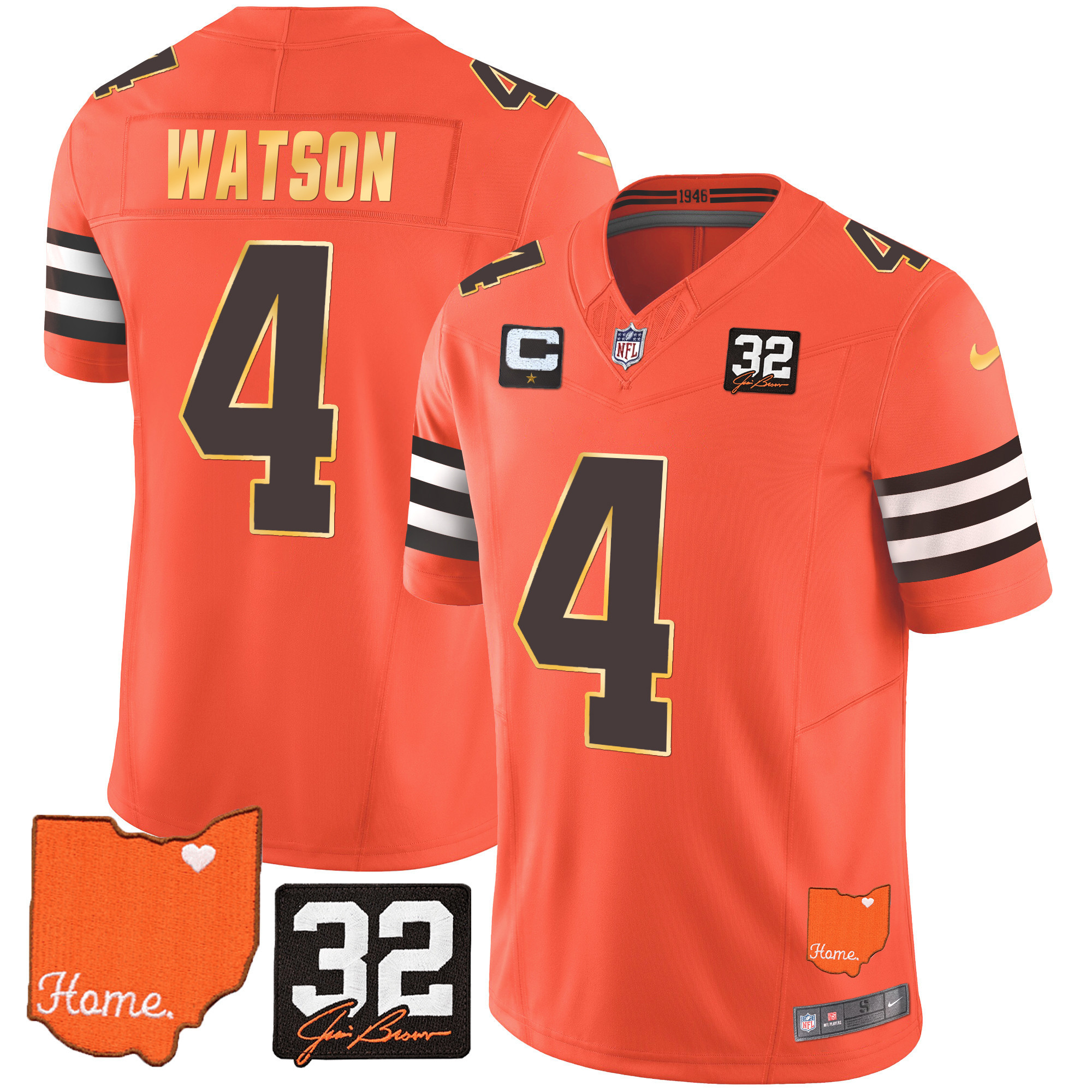 Deshaun Watson Men's Cleveland Browns #32 Jim Brown Memorial & Home Patch Gold Trim Orange Jersey - All Stitched