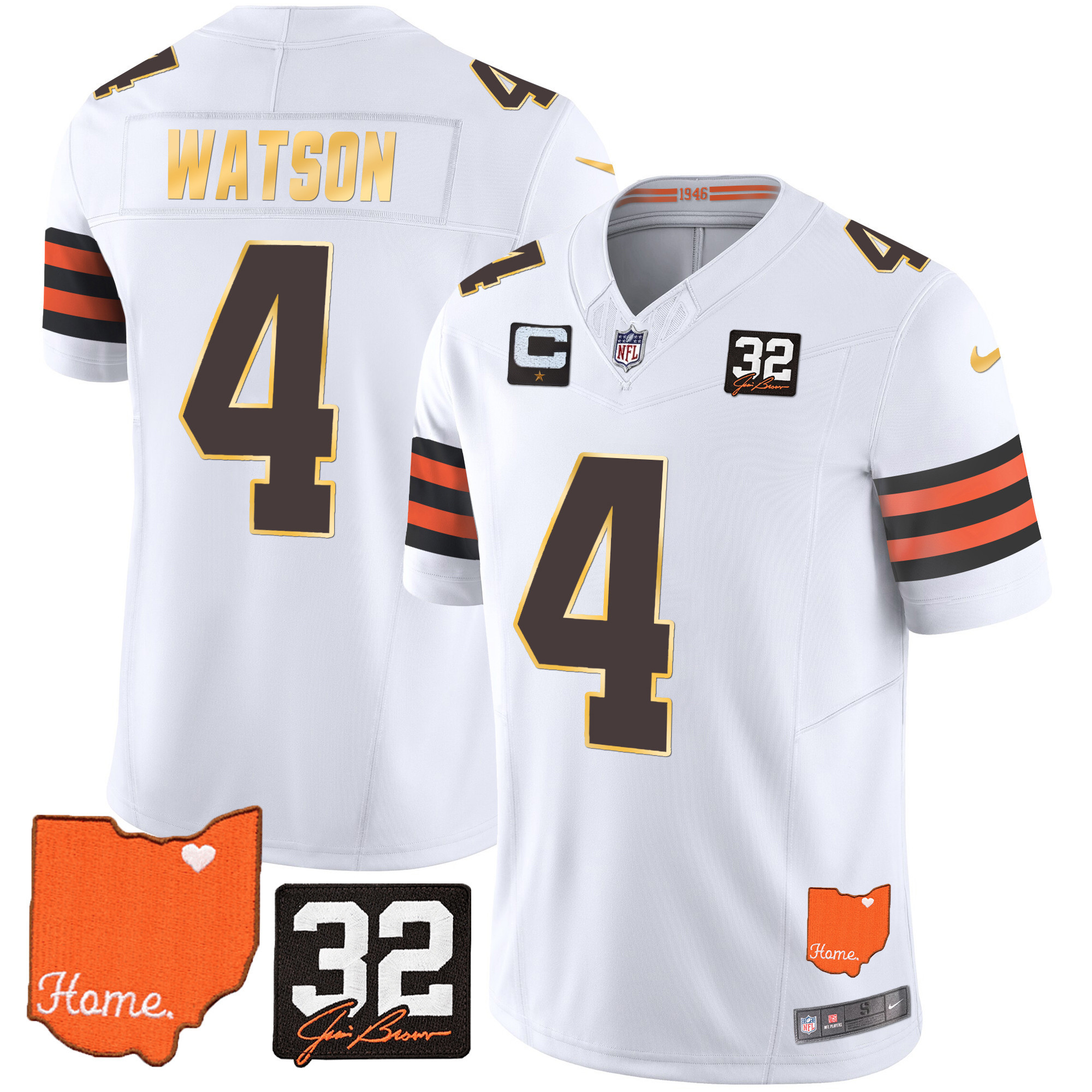 Deshaun Watson Men's Cleveland Browns #32 Jim Brown Memorial & Home Patch Gold Trim White Jersey - All Stitched