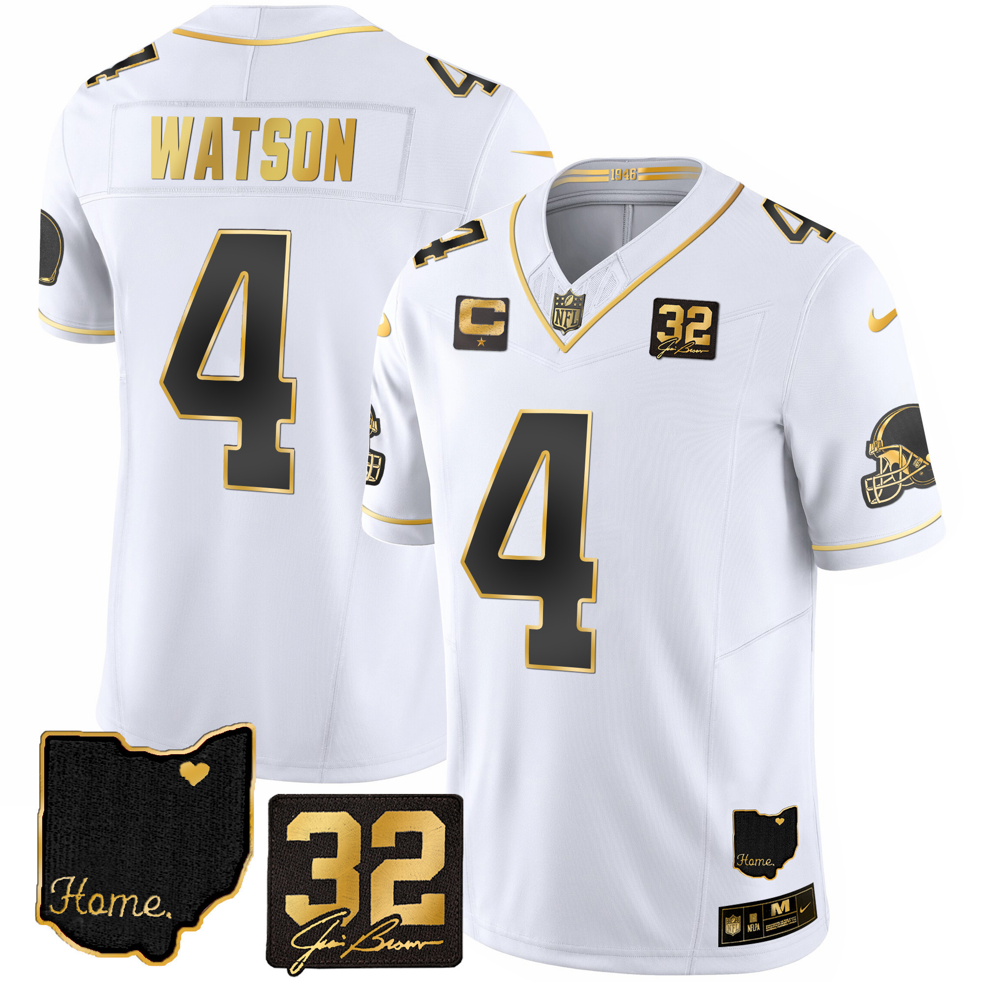 Deshaun Watson Men's Cleveland Browns #32 Jim Brown Memorial & Home Patch Gold White Gold Jersey - All Stitched