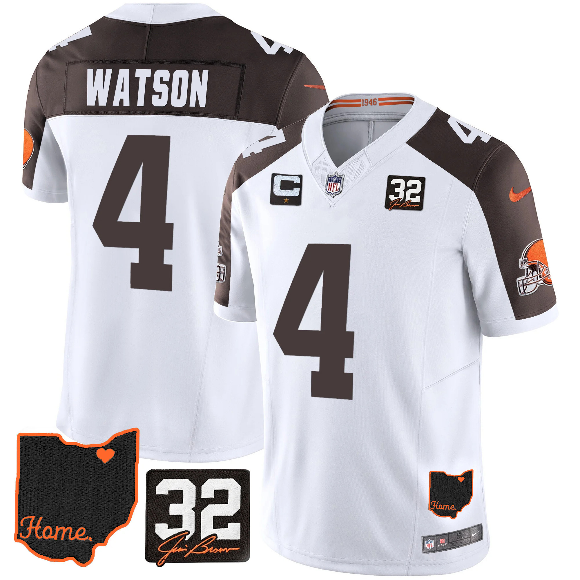 Deshaun Watson Men's Cleveland Browns #32 Jim Brown Memorial & Home Patch Inverted Jersey - All Stitched