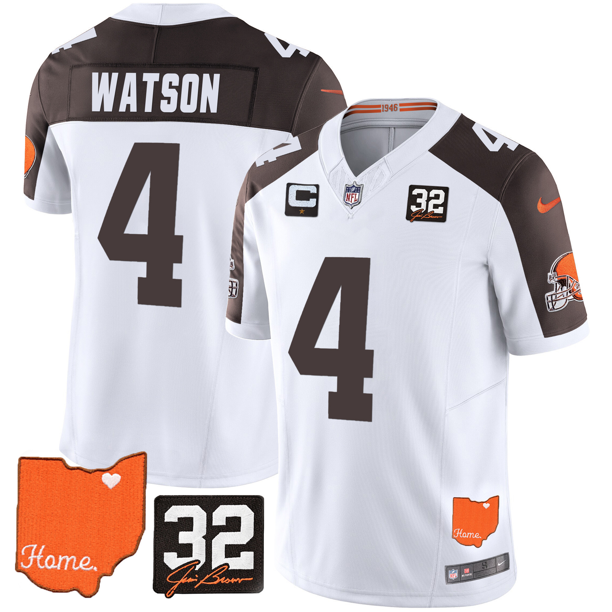 Deshaun Watson Men's Cleveland Browns #32 Jim Brown Memorial & Home Patch Inverted Jersey - All Stitched