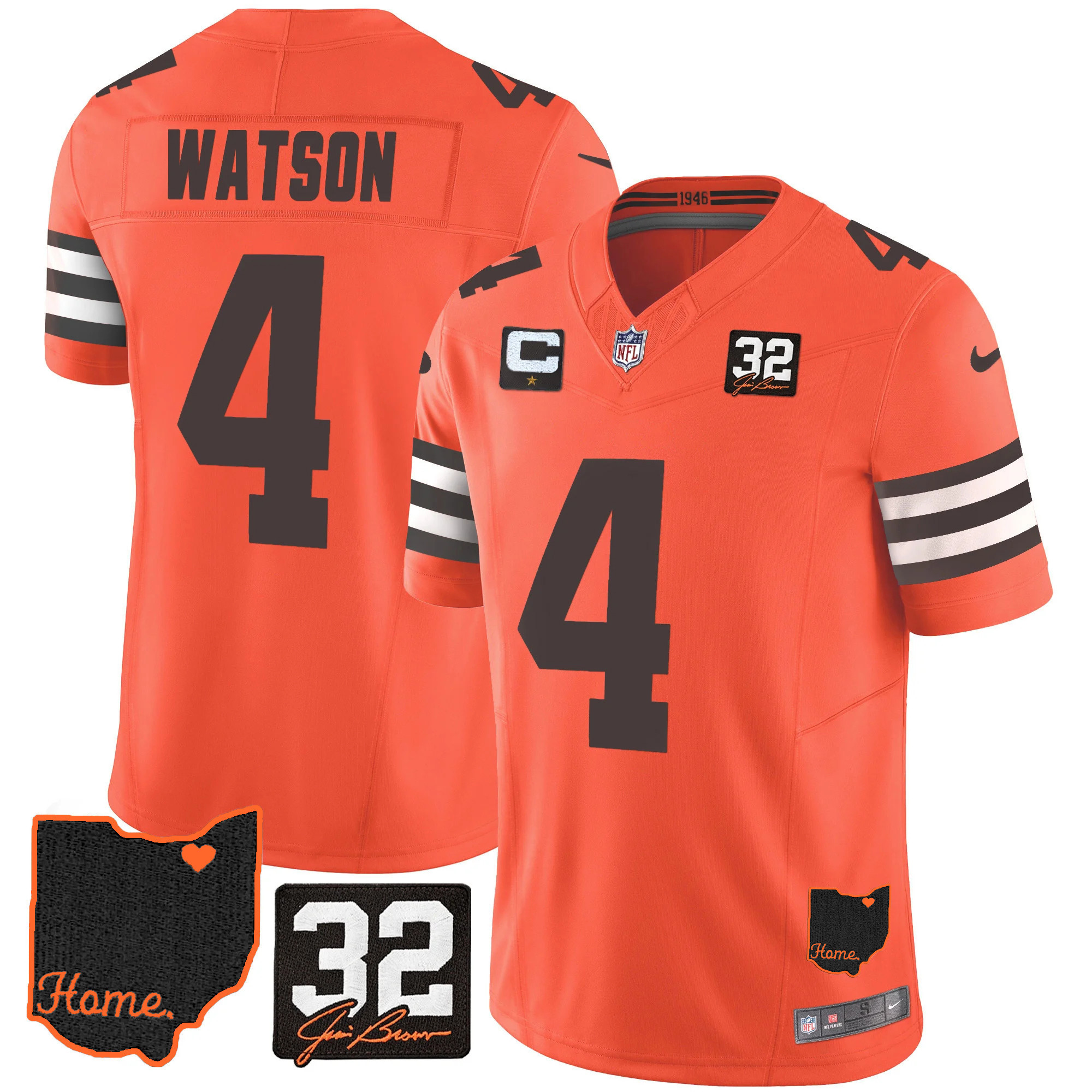 Deshaun Watson Men's Cleveland Browns #32 Jim Brown Memorial & Home Patch Orange Jersey - All Stitched