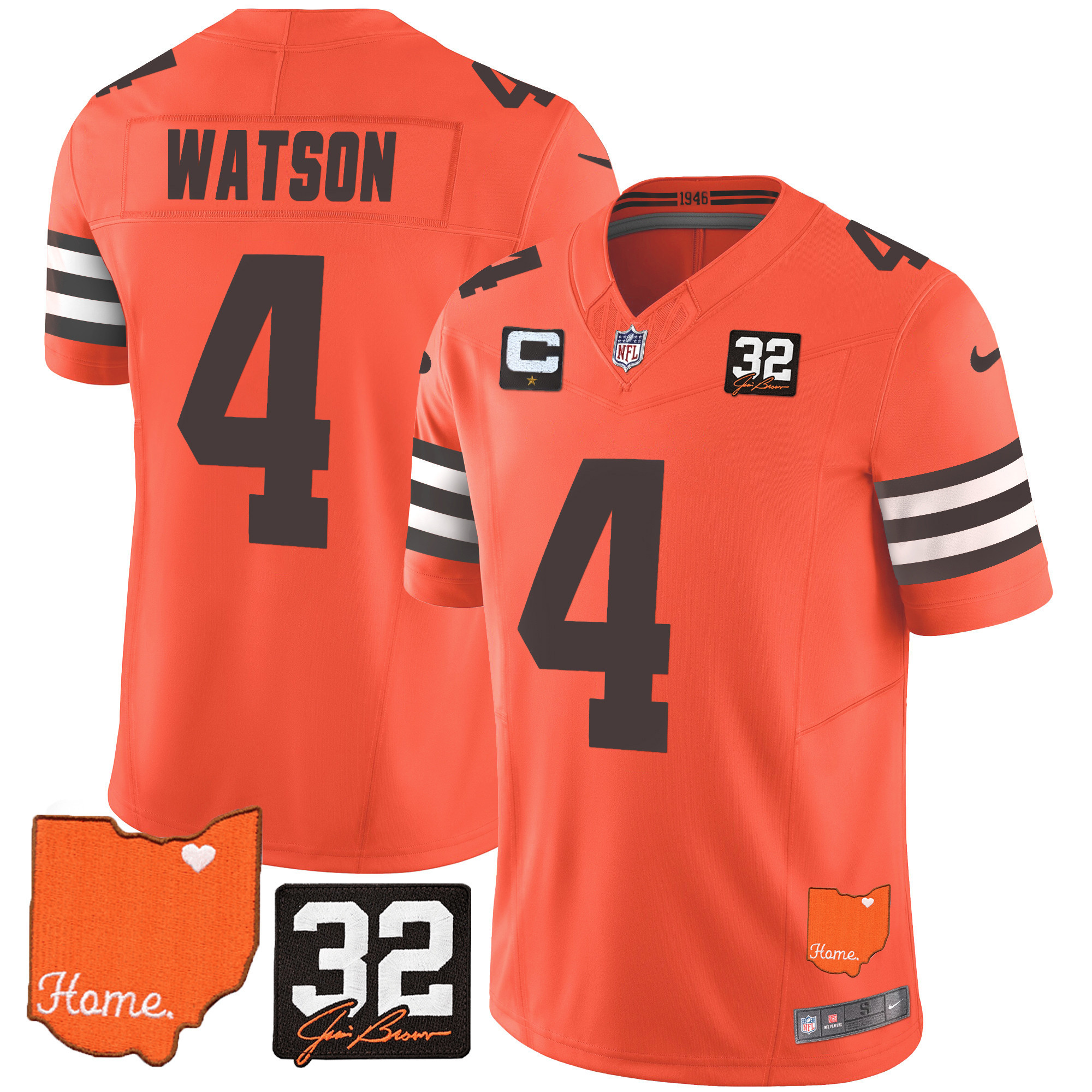 Deshaun Watson Men's Cleveland Browns #32 Jim Brown Memorial & Home Patch Orange Jersey - All Stitched