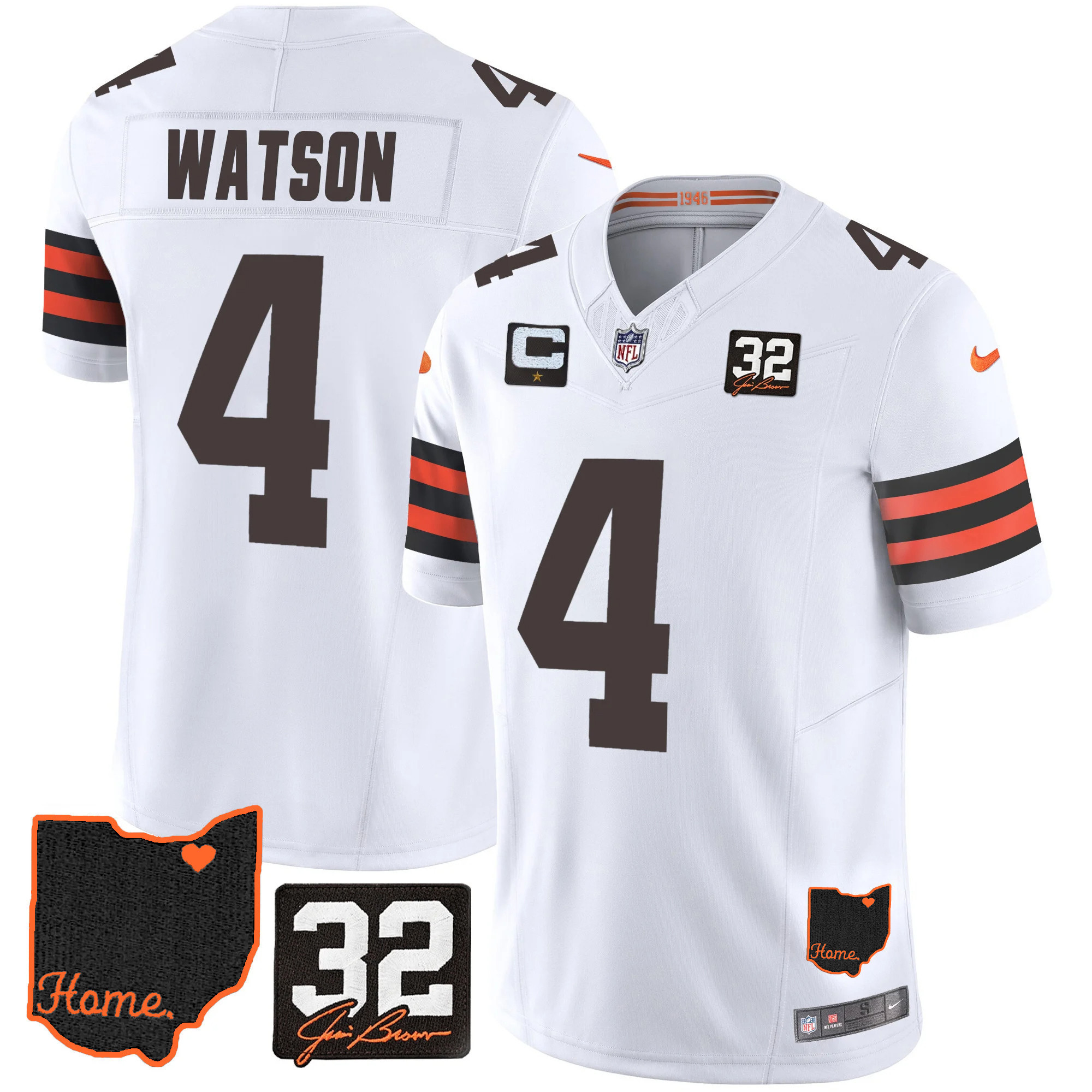 Deshaun Watson Men's Cleveland Browns #32 Jim Brown Memorial & Home Patch White Jersey - All Stitched