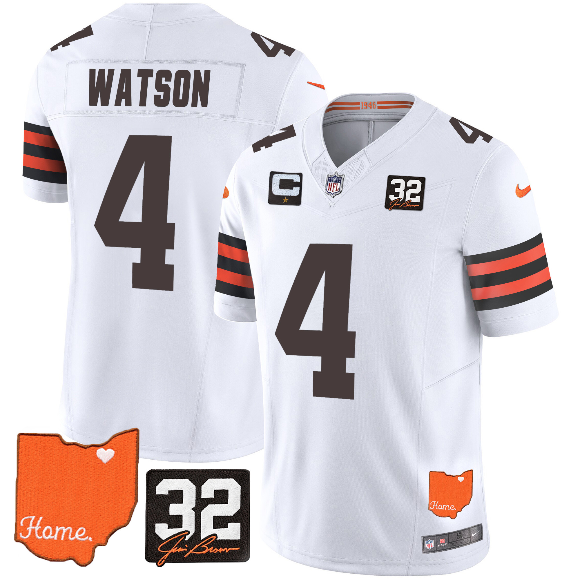 Deshaun Watson Men's Cleveland Browns #32 Jim Brown Memorial & Home Patch White Jersey - All Stitched