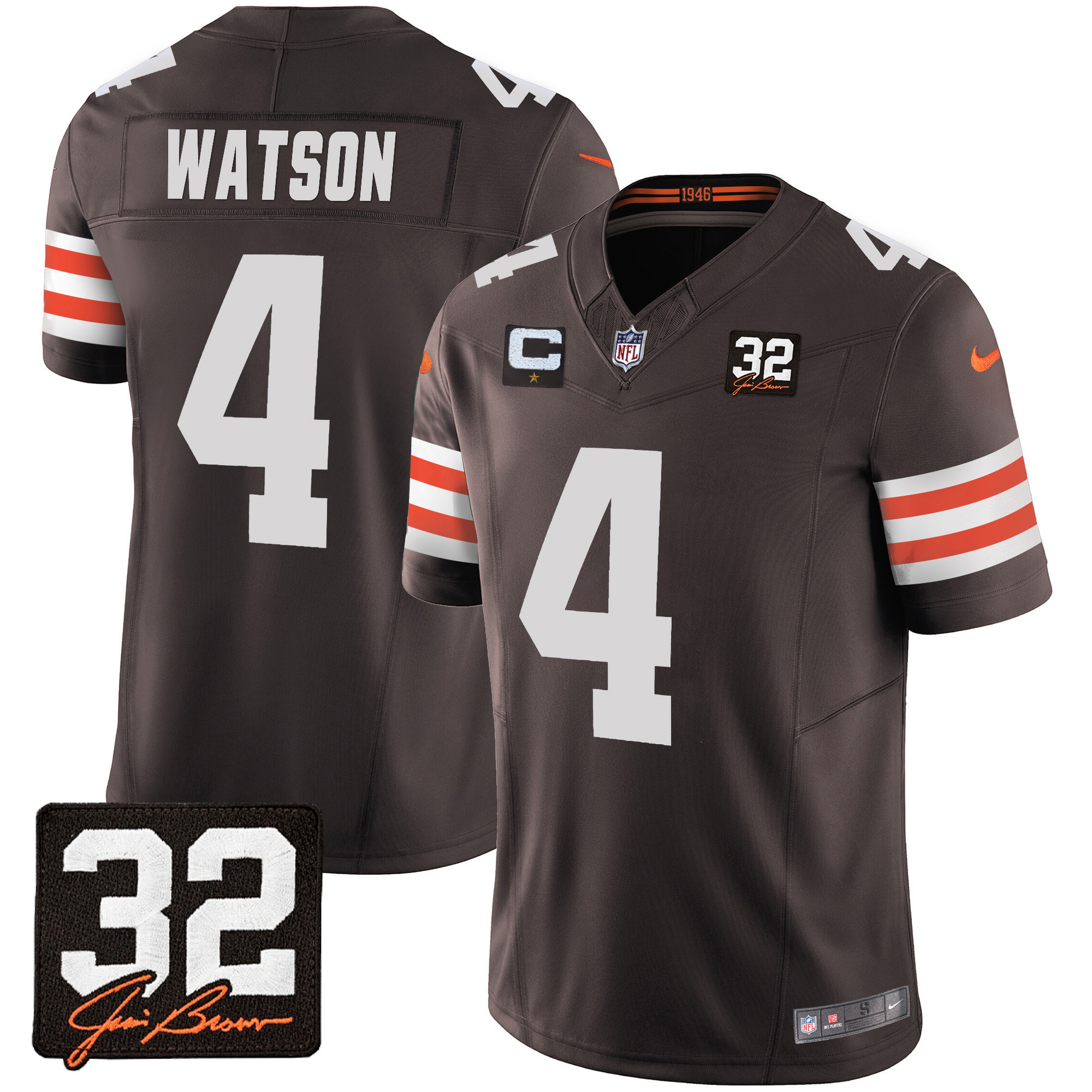 Deshaun Watson Men's Cleveland Browns #32 Jim Brown Memorial Patch Brown Jersey - All Stitched