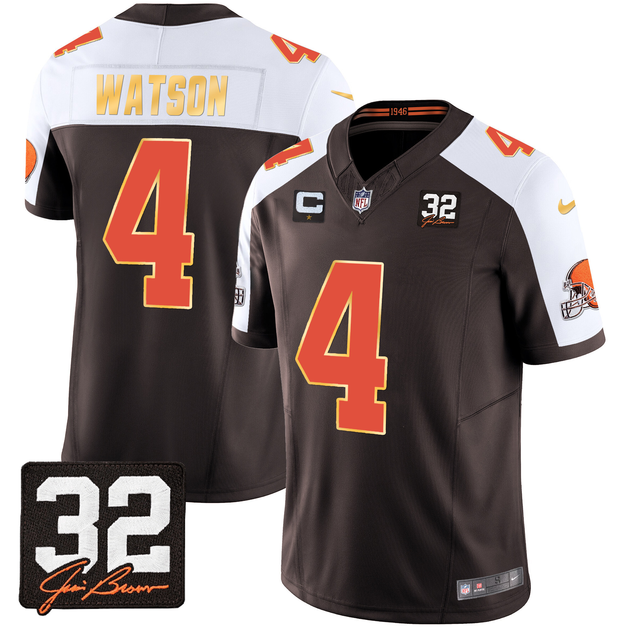 Deshaun Watson Men's Cleveland Browns #32 Jim Brown Memorial Patch Gold Trim Alternate Jersey - All Stitched