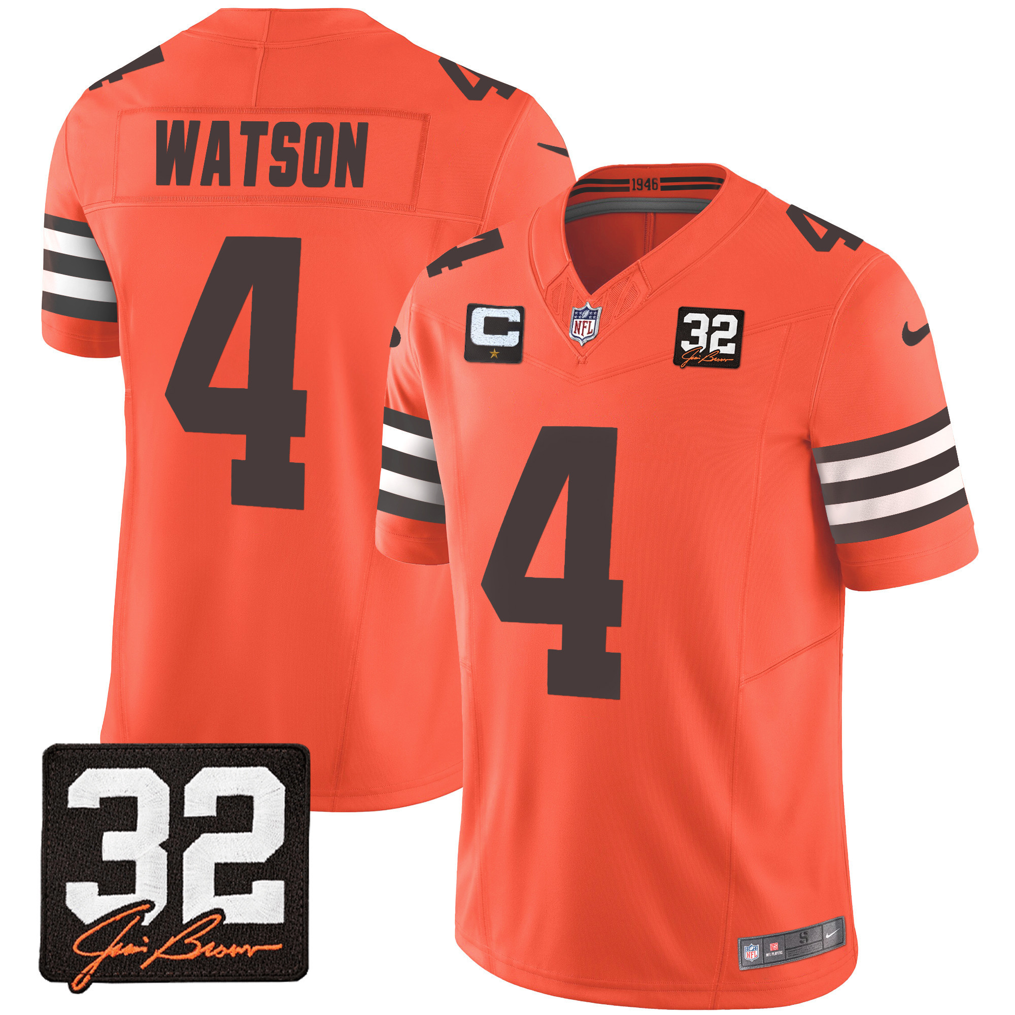 Deshaun Watson Men's Cleveland Browns #32 Jim Brown Memorial Patch Orange Jersey - All Stitched
