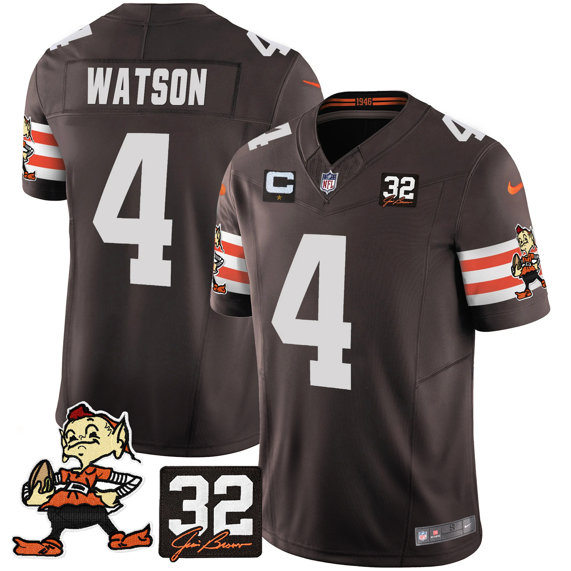 Deshaun Watson Men's Cleveland Browns #32 Jim Brown Memorial Patch Vapor Limited Brown Jersey - All Stitched