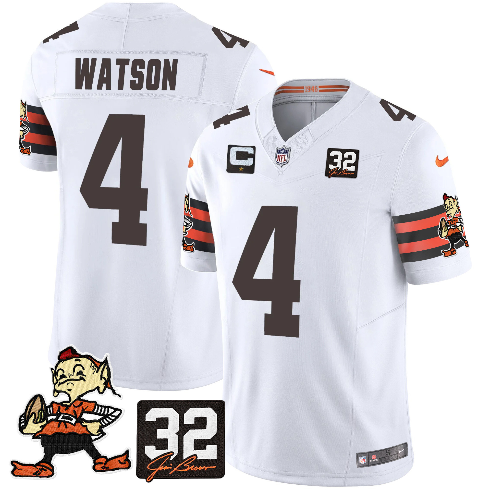 Deshaun Watson Men's Cleveland Browns #32 Jim Brown Memorial Patch Vapor Limited White Jersey - All Stitched