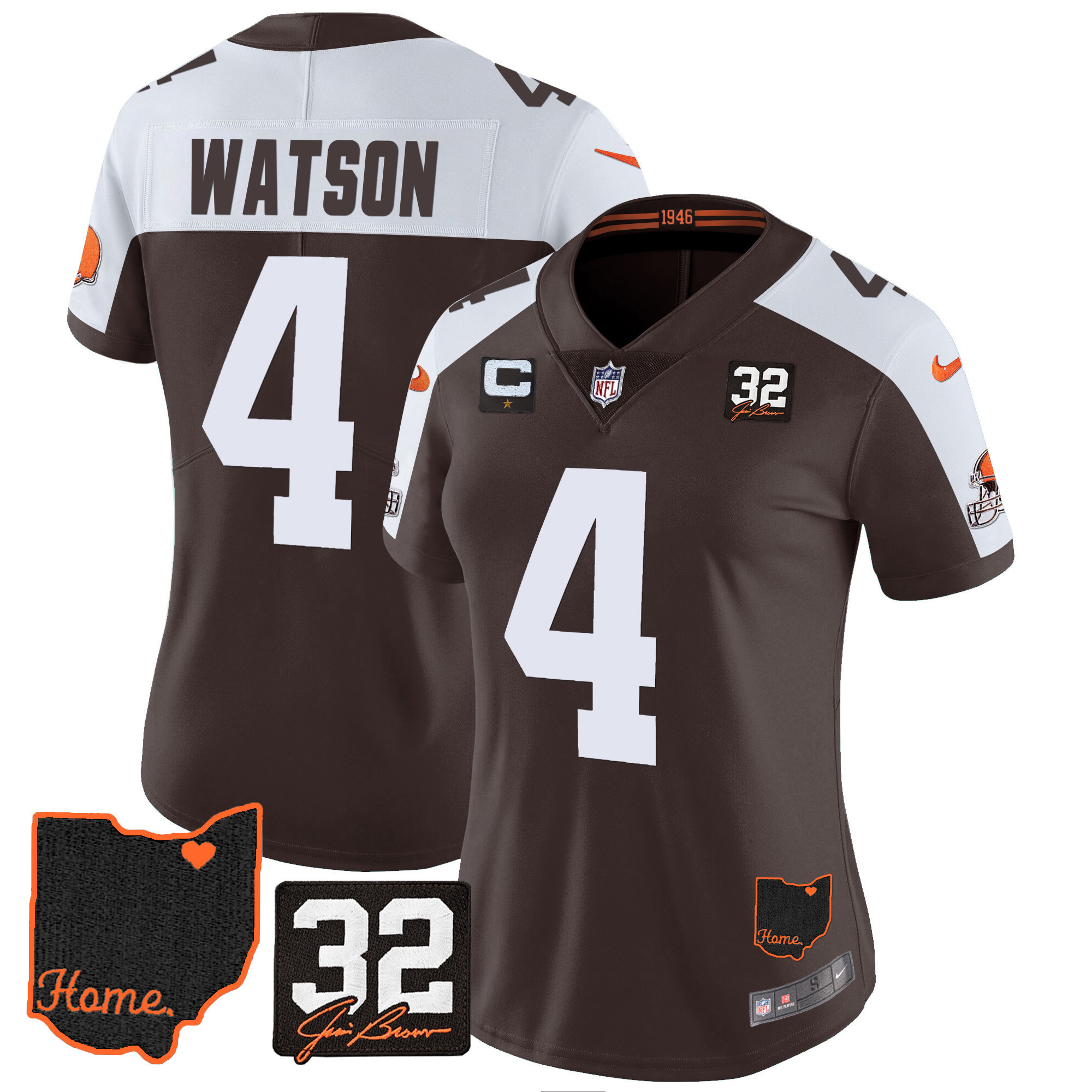 Deshaun Watson Women's Cleveland Browns #32 Jim Brown Memorial & Home Patch Alternate Jersey - All Stitched