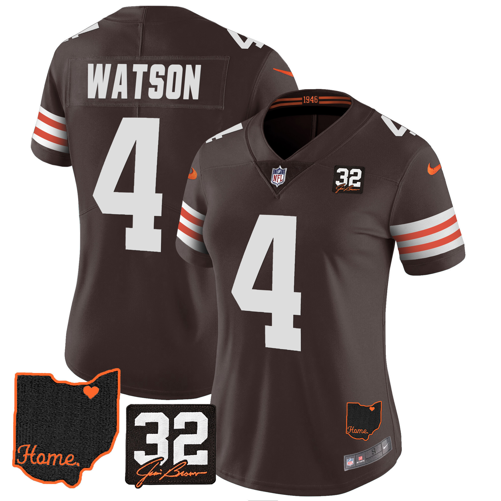 Deshaun Watson Women's Cleveland Browns #32 Jim Brown Memorial & Home Patch Brown Jersey - All Stitched