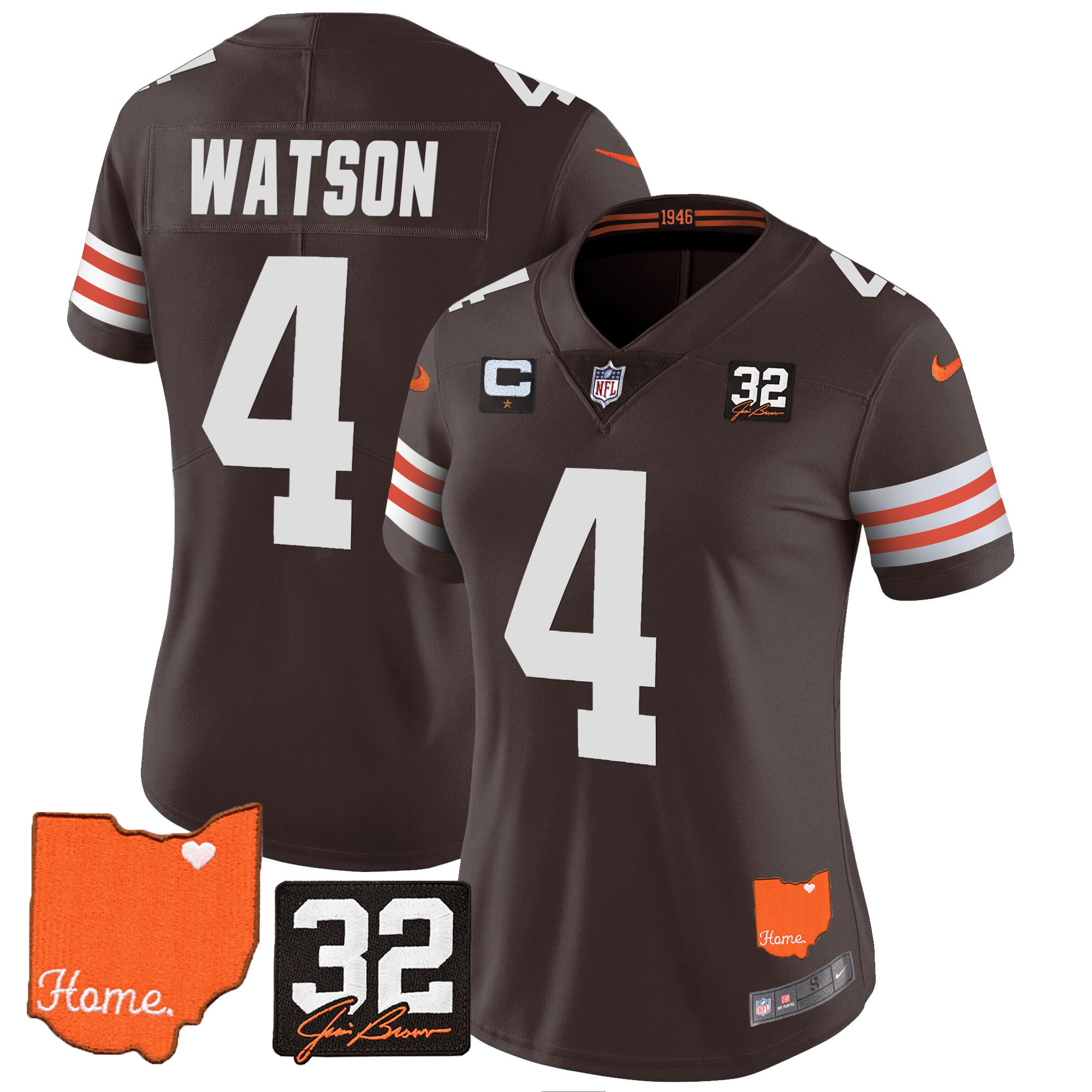 Deshaun Watson Women's Cleveland Browns #32 Jim Brown Memorial & Home Patch Brown Jersey - All Stitched