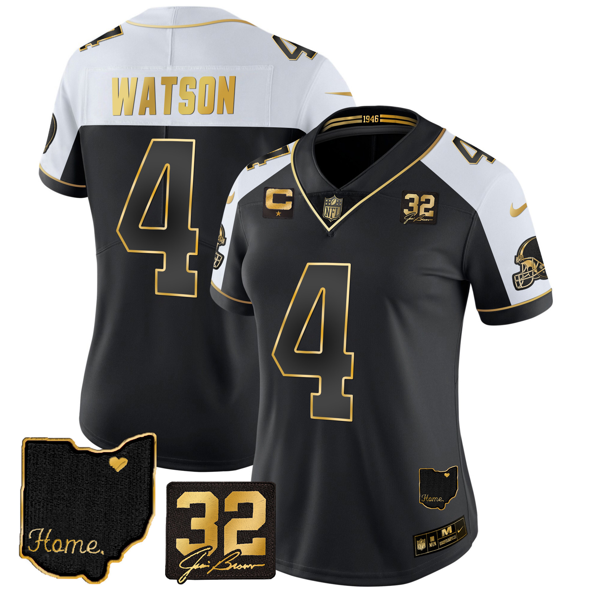Deshaun Watson Women's Cleveland Browns #32 Jim Brown Memorial & Home Patch Gold Alternate Jersey - All Stitched