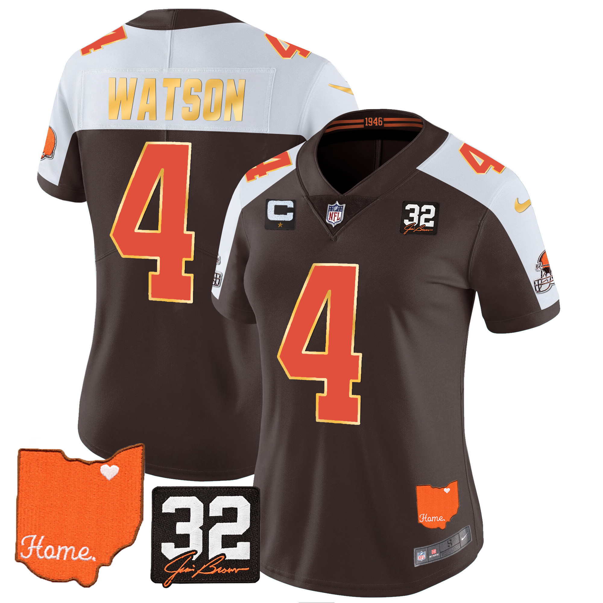 Deshaun Watson Women's Cleveland Browns #32 Jim Brown Memorial & Home Patch Gold Trim Alternate Jersey - All Stitched