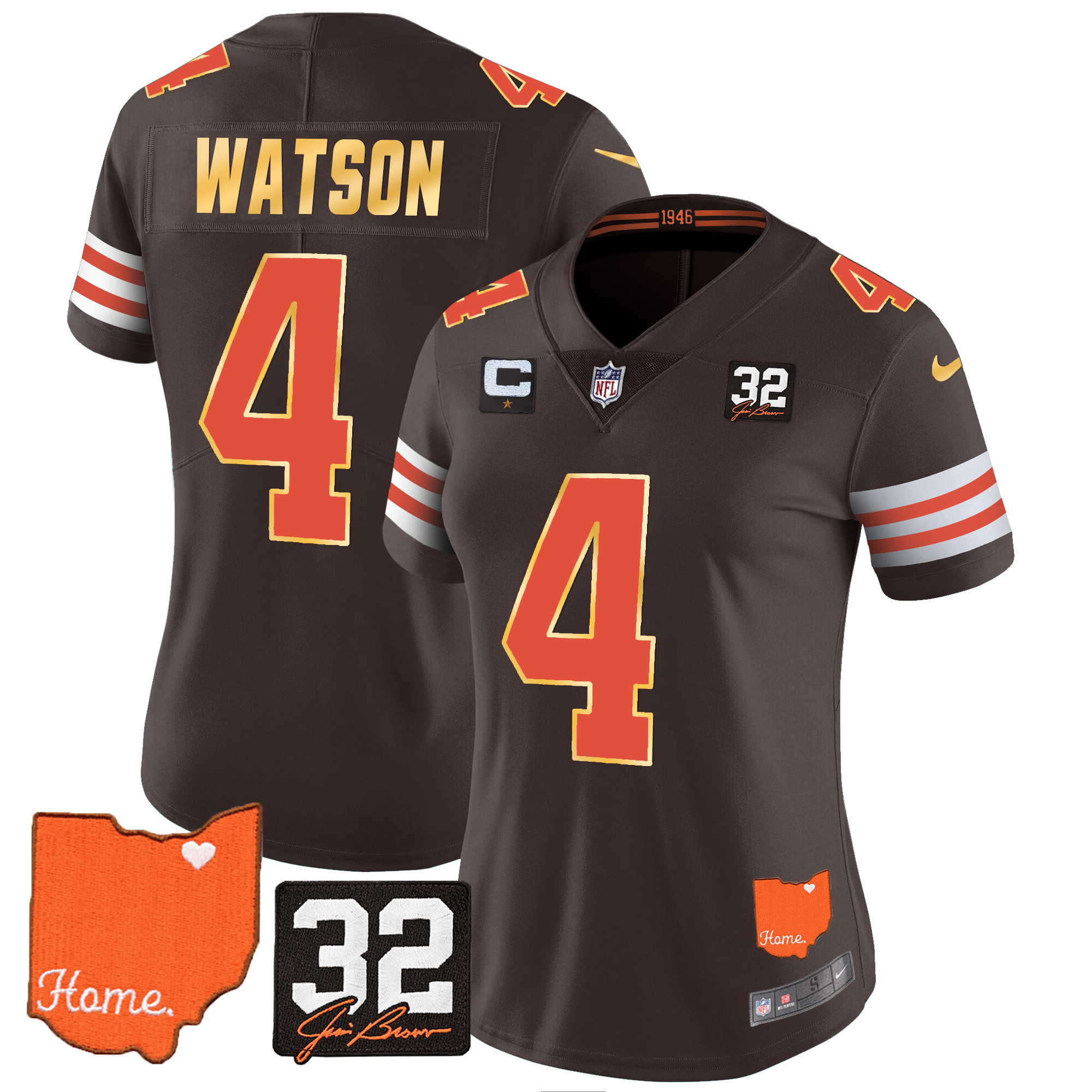 Deshaun Watson Women's Cleveland Browns #32 Jim Brown Memorial & Home Patch Gold Trim Brown Jersey - All Stitched