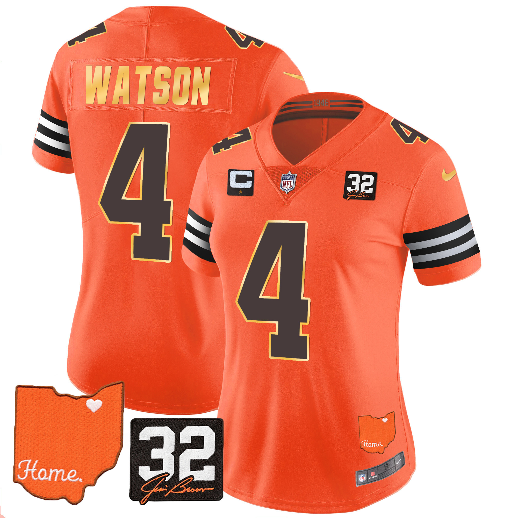 Deshaun Watson Women's Cleveland Browns #32 Jim Brown Memorial & Home Patch Gold Trim Orange Jersey - All Stitched