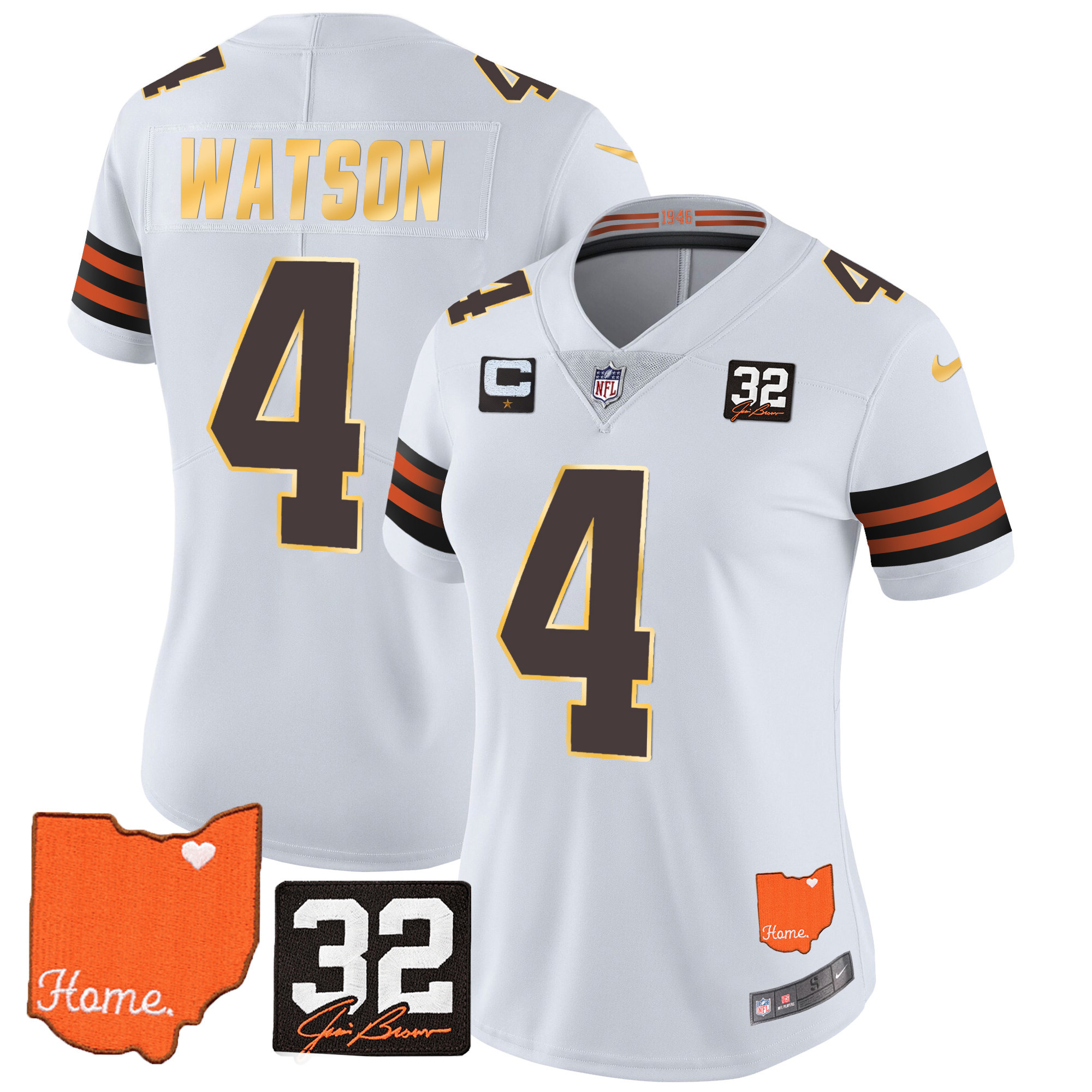 Deshaun Watson Women's Cleveland Browns #32 Jim Brown Memorial & Home Patch Gold Trim White Jersey - All Stitched