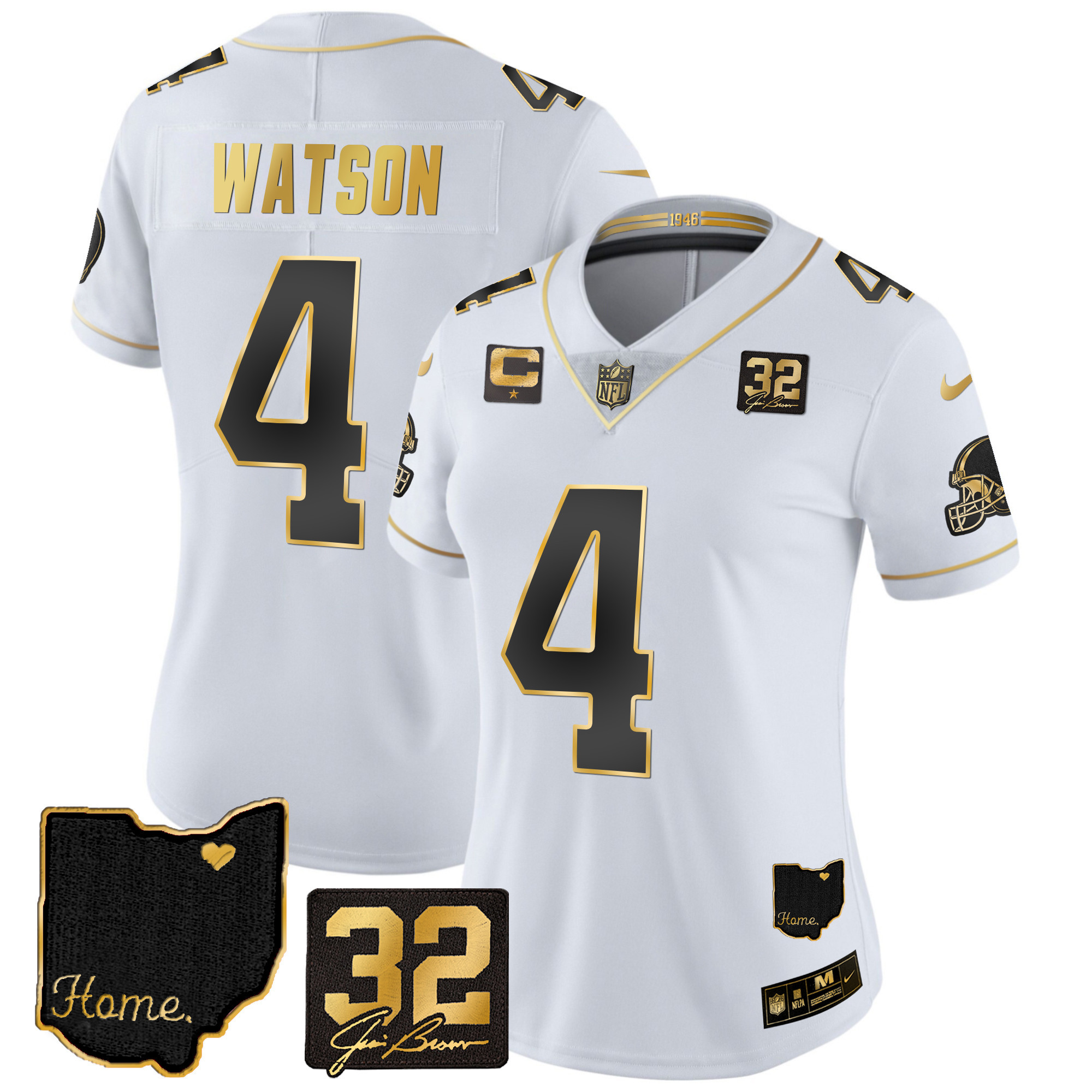 Deshaun Watson Women's Cleveland Browns #32 Jim Brown Memorial & Home Patch Gold White Gold Jersey - All Stitched
