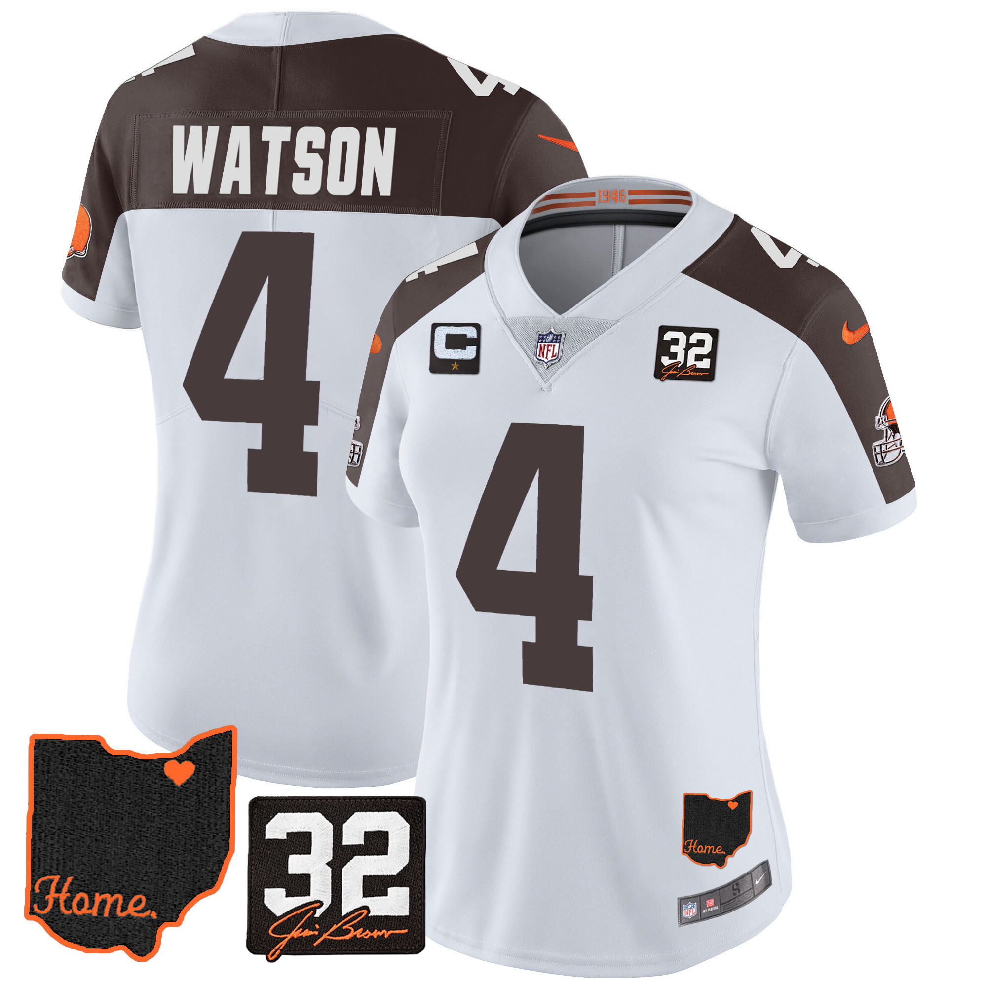 Deshaun Watson Women's Cleveland Browns #32 Jim Brown Memorial & Home Patch Inverted Jersey - All Stitched