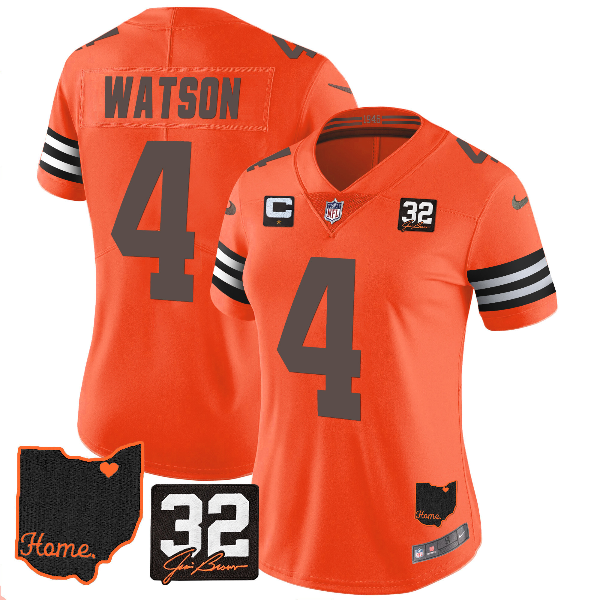 Deshaun Watson Women's Cleveland Browns #32 Jim Brown Memorial & Home Patch Orange Jersey - All Stitched