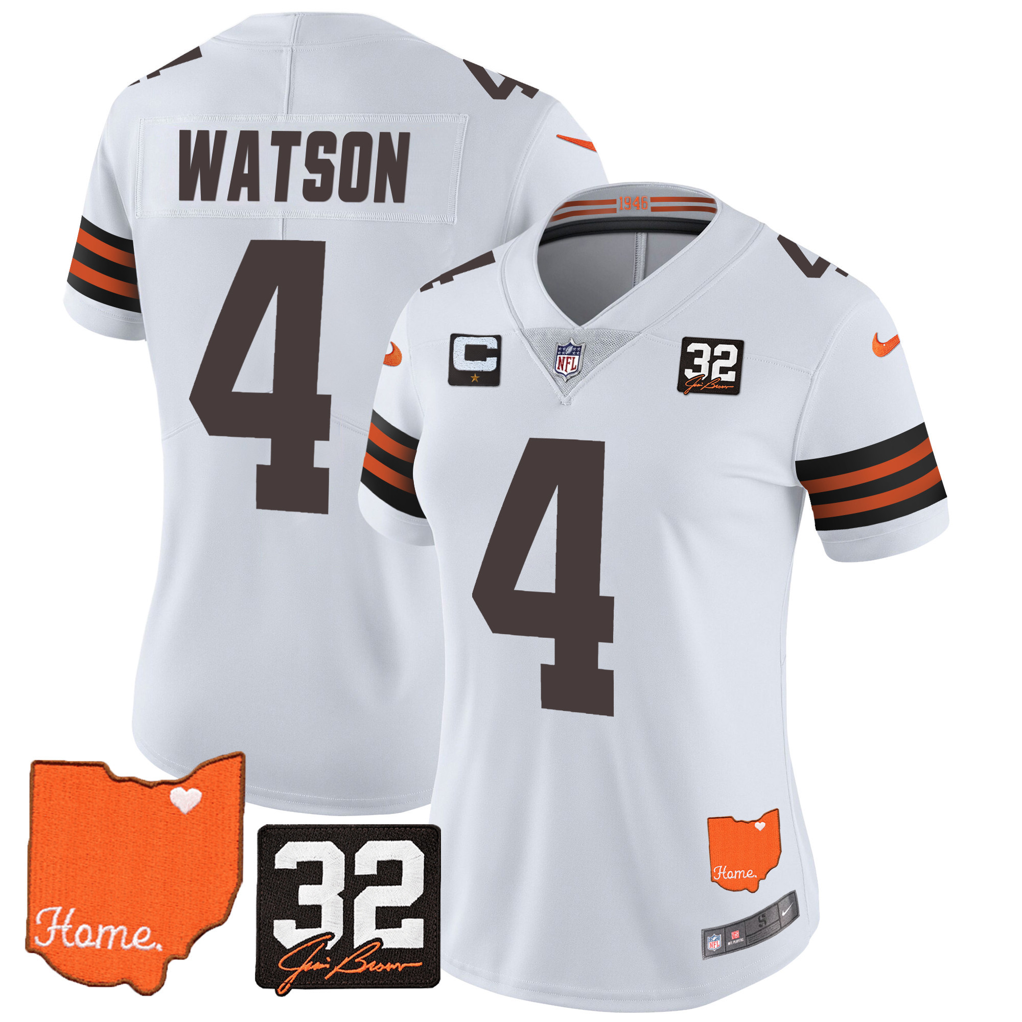 Deshaun Watson Women's Cleveland Browns #32 Jim Brown Memorial & Home Patch White Jersey - All Stitched