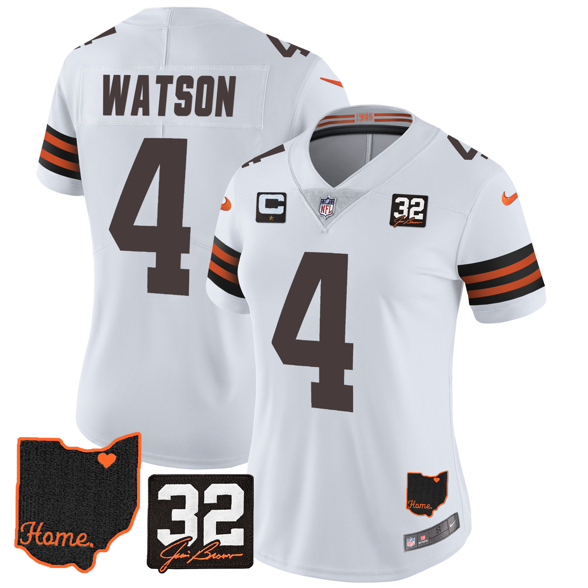 Deshaun Watson Women's Cleveland Browns #32 Jim Brown Memorial & Home Patch White Jersey - All Stitched