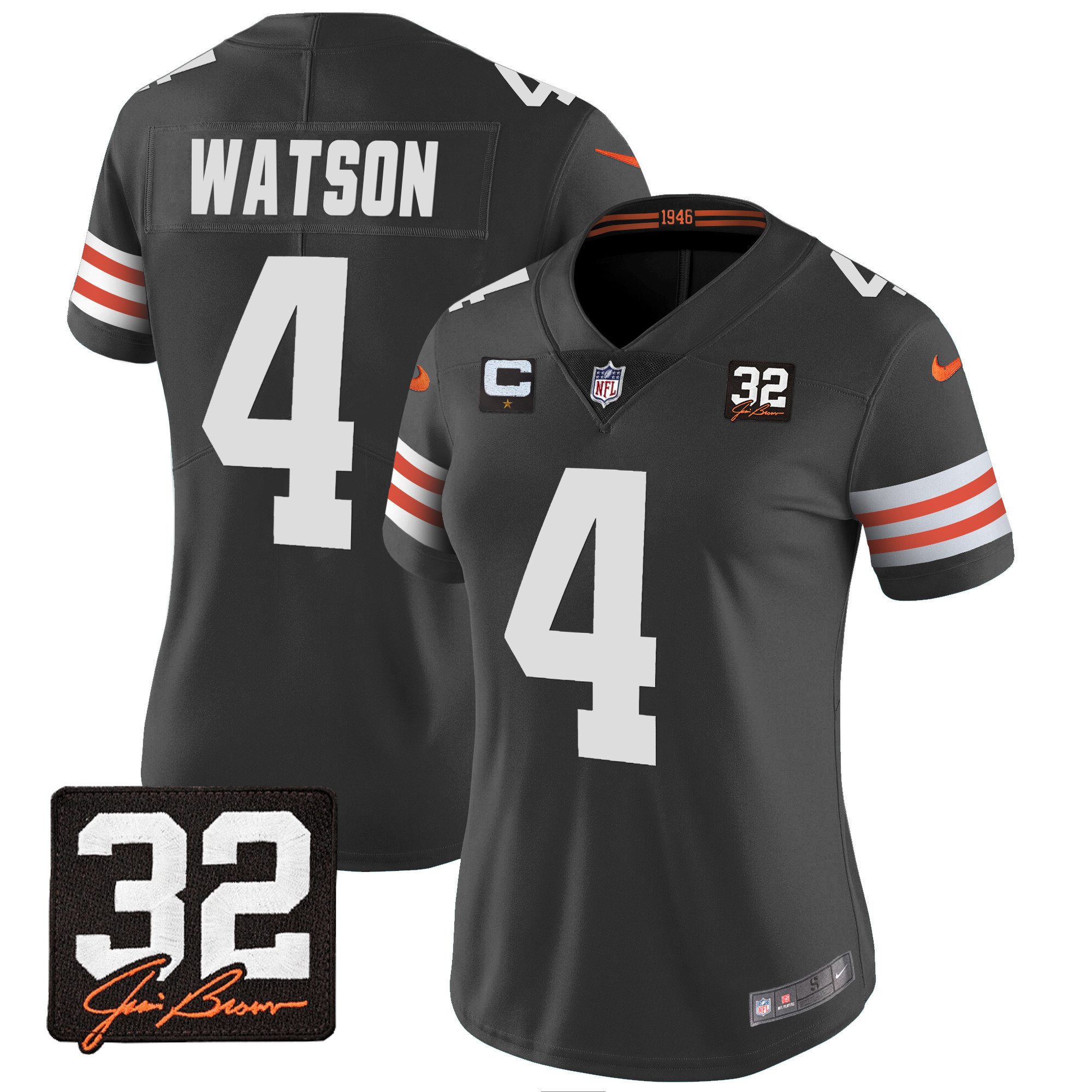 Deshaun Watson Women's Cleveland Browns #32 Jim Brown Memorial Patch Black Jersey - All Stitched