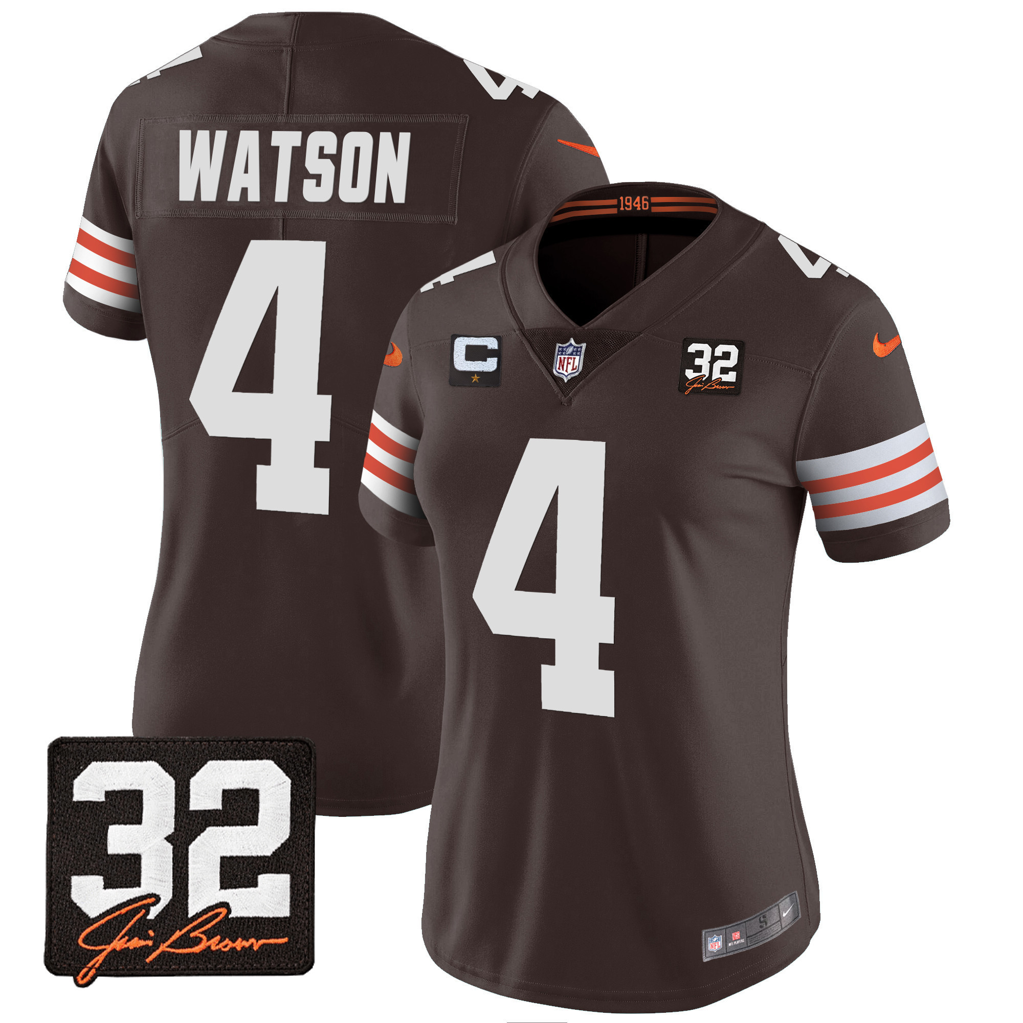 Deshaun Watson Women's Cleveland Browns #32 Jim Brown Memorial Patch Brown Jersey - All Stitched