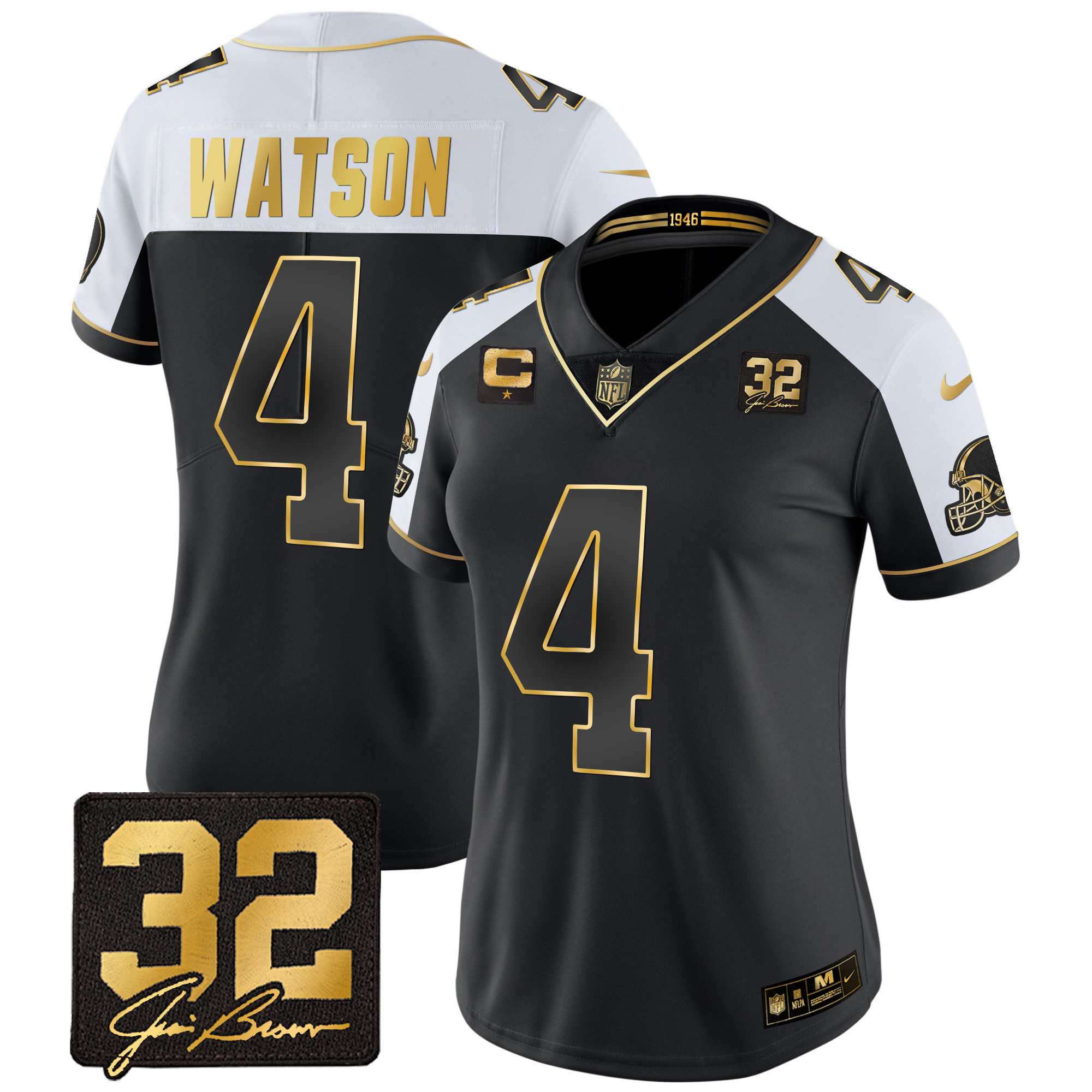 Deshaun Watson Women's Cleveland Browns #32 Jim Brown Memorial Patch Gold Alternate Jersey - All Stitched