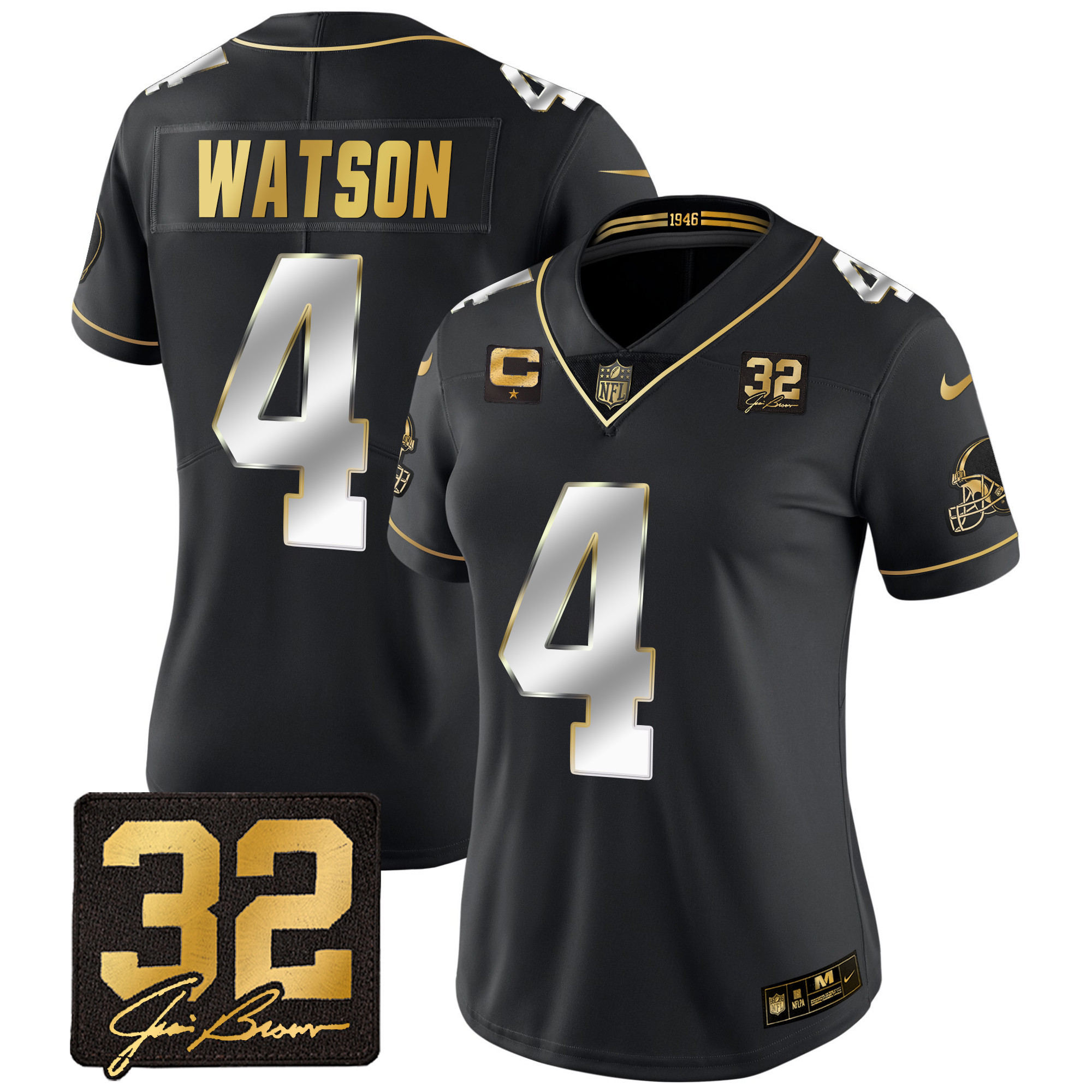Deshaun Watson Women's Cleveland Browns #32 Jim Brown Memorial Patch Gold Black Limited Jersey - All Stitched